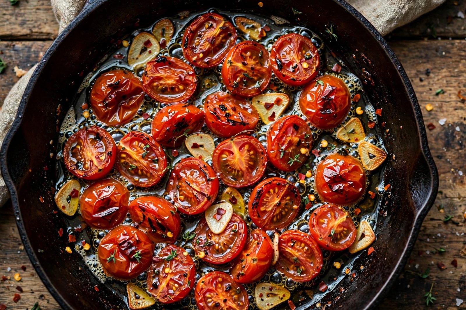Overhead of cherry tomatoes blistering in the skillet with garlic and red pepper flakes. No people, no text.