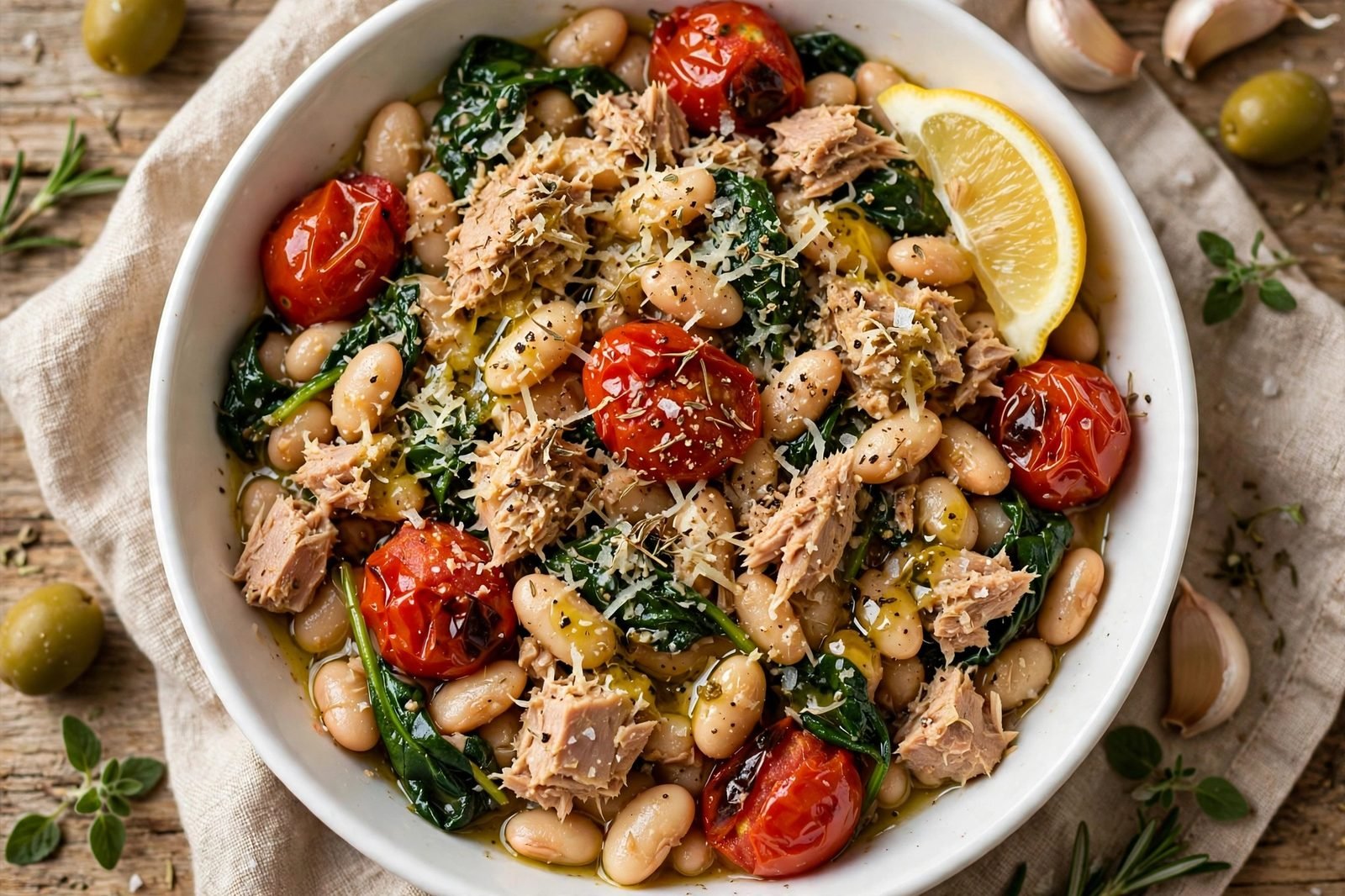 Overhead close-up of a served bowl of the tuna and white bean skillet. No people, no text.