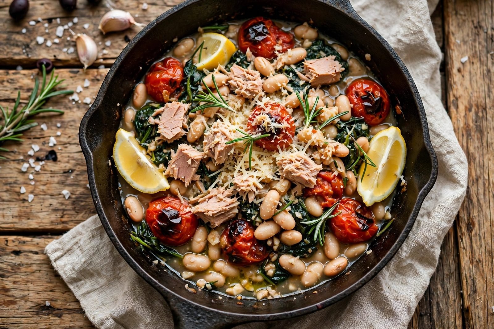Overhead of the finished skillet: tuna chunks, white beans, blistered tomatoes, and wilted spinach in garlicky lemon broth, with lemon wedges, Parmesan, and rosemary. No people, no text.
