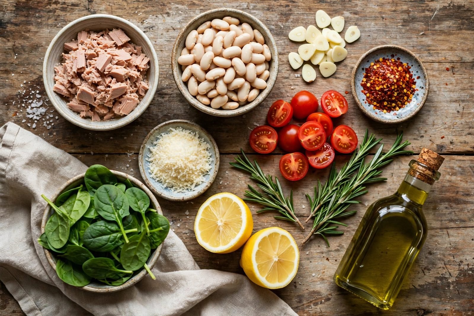 Overhead of mise en place: canned tuna, cannellini beans, cherry tomatoes, spinach, garlic, lemon, rosemary, olive oil, and Parmesan on a counter. No people, no text.