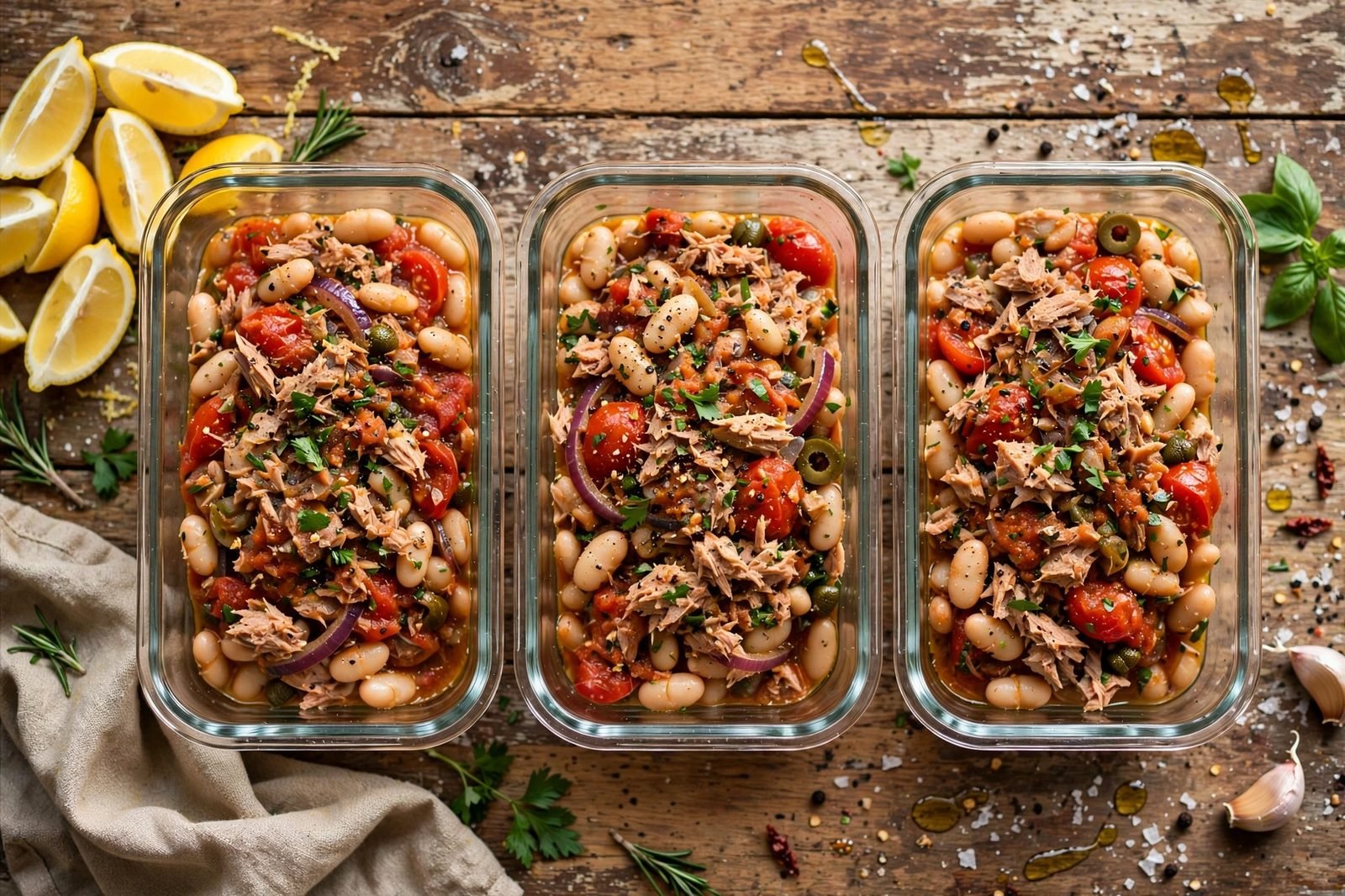 Overhead of meal-prep containers filled with the tuna and white bean mixture. No people, no text.