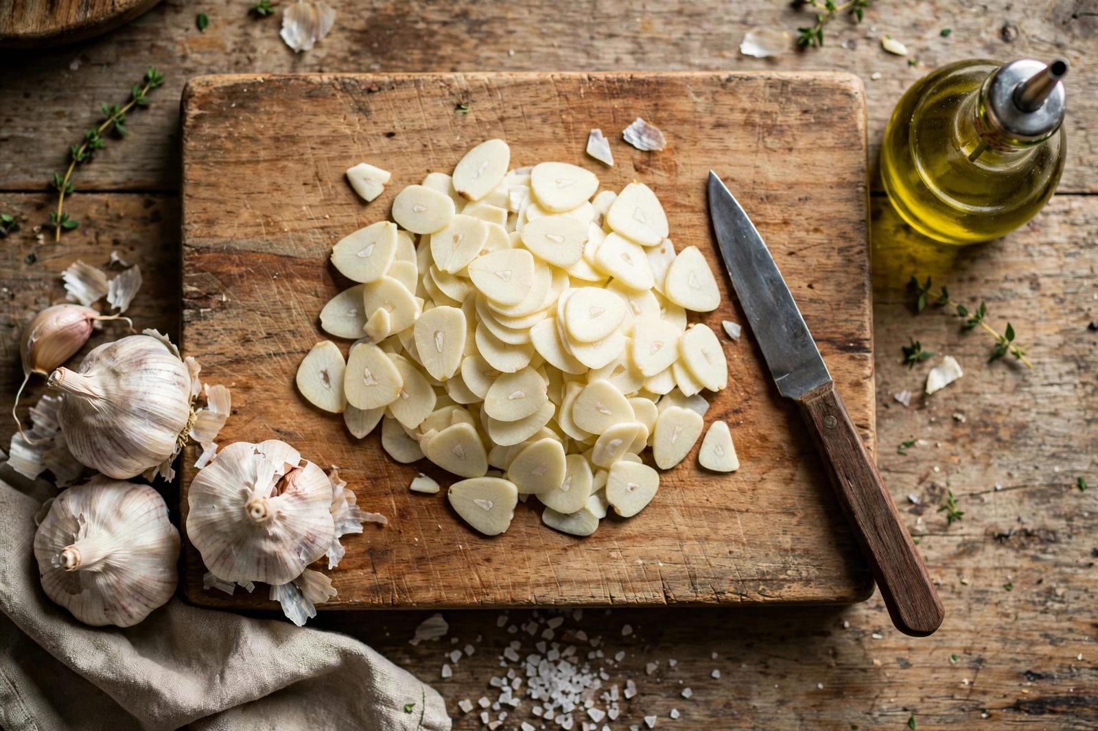 Overhead of garlic being thinly sliced on a cutting board. No people, no text.