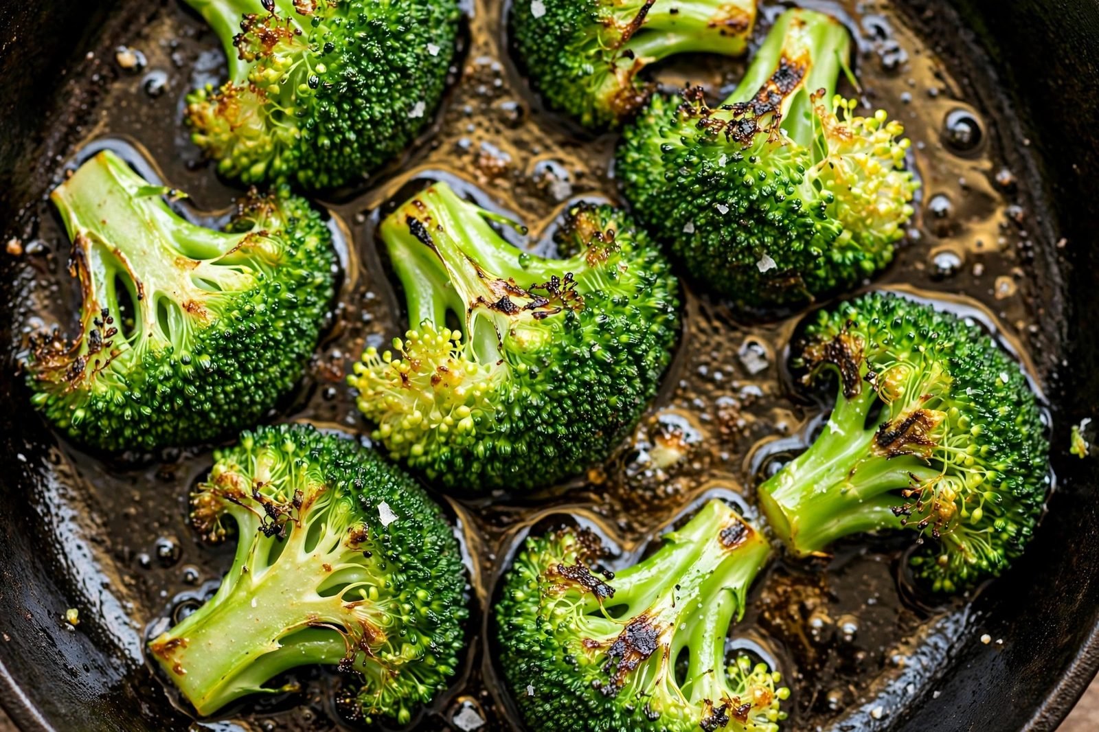 Overhead close-up of broccoli florets with golden char spots in the skillet. No people, no text.