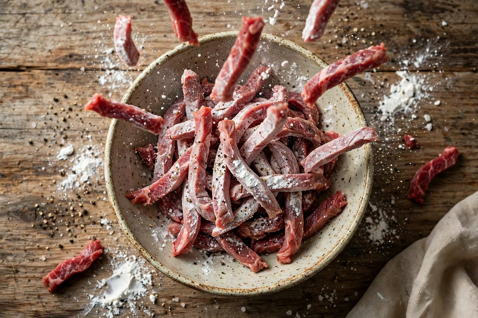 Overhead of thin beef strips being tossed with cornstarch, salt, and pepper in a bowl. No people, no text.