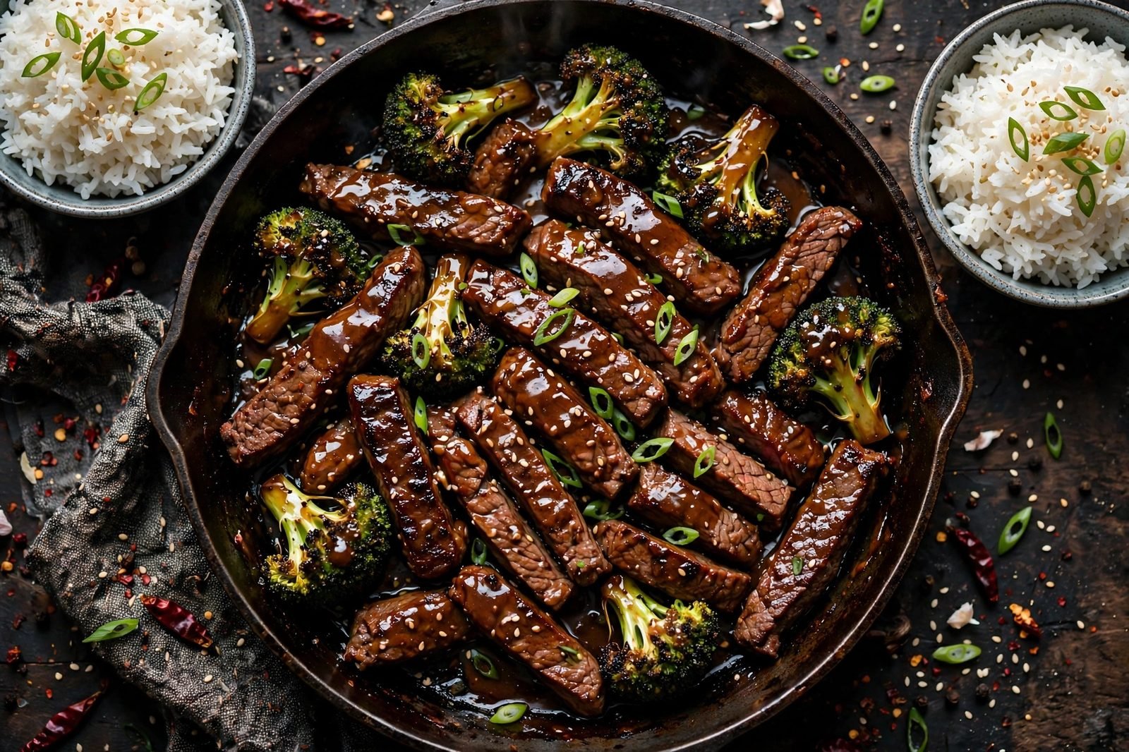 Overhead of the finished skillet: caramelized seared beef strips and charred broccoli in a glossy Mongolian sauce, served in bowls over jasmine rice with sesame seeds and green onions. No people, no text.