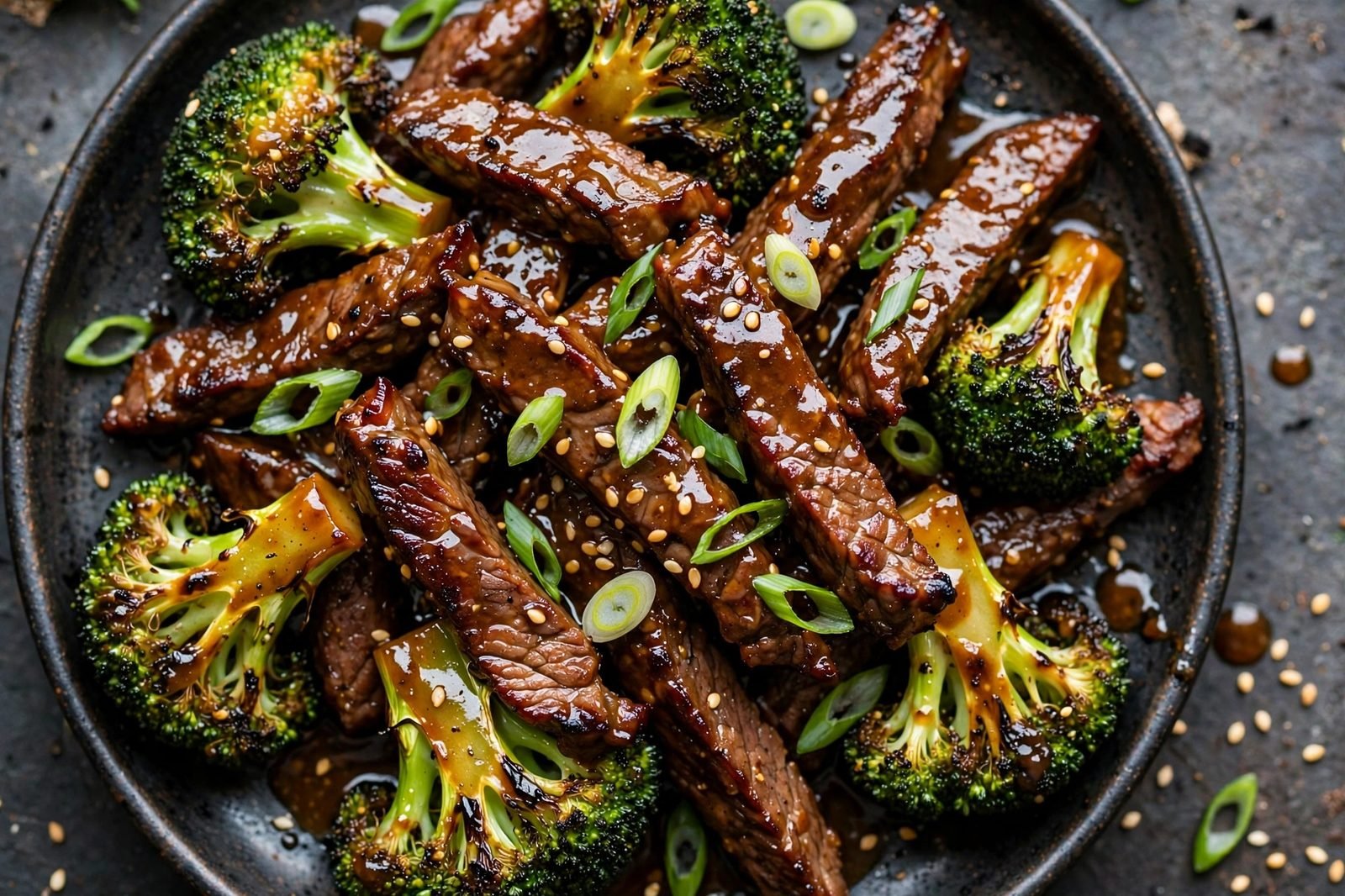 Overhead close-up of the glossy thickened sauce coating the beef and broccoli. No people, no text.