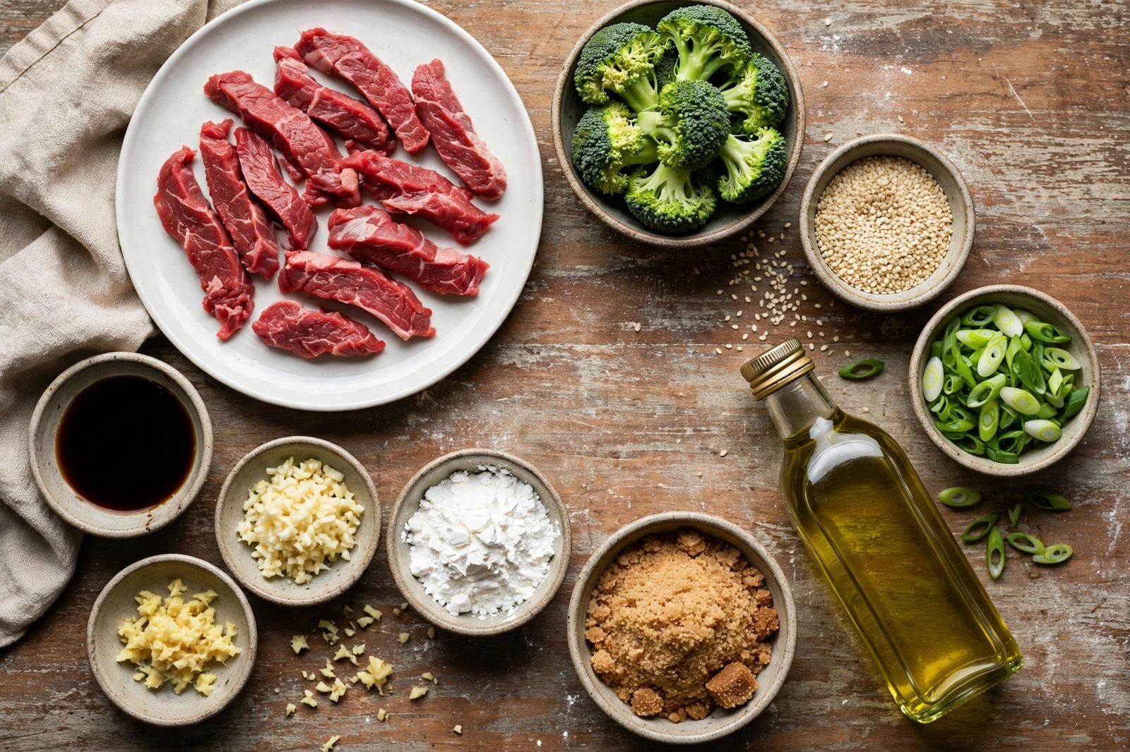 Overhead of mise en place: flank steak, broccoli florets, soy sauce, brown sugar, ginger, garlic, cornstarch, and jasmine rice on a counter. No people, no text.