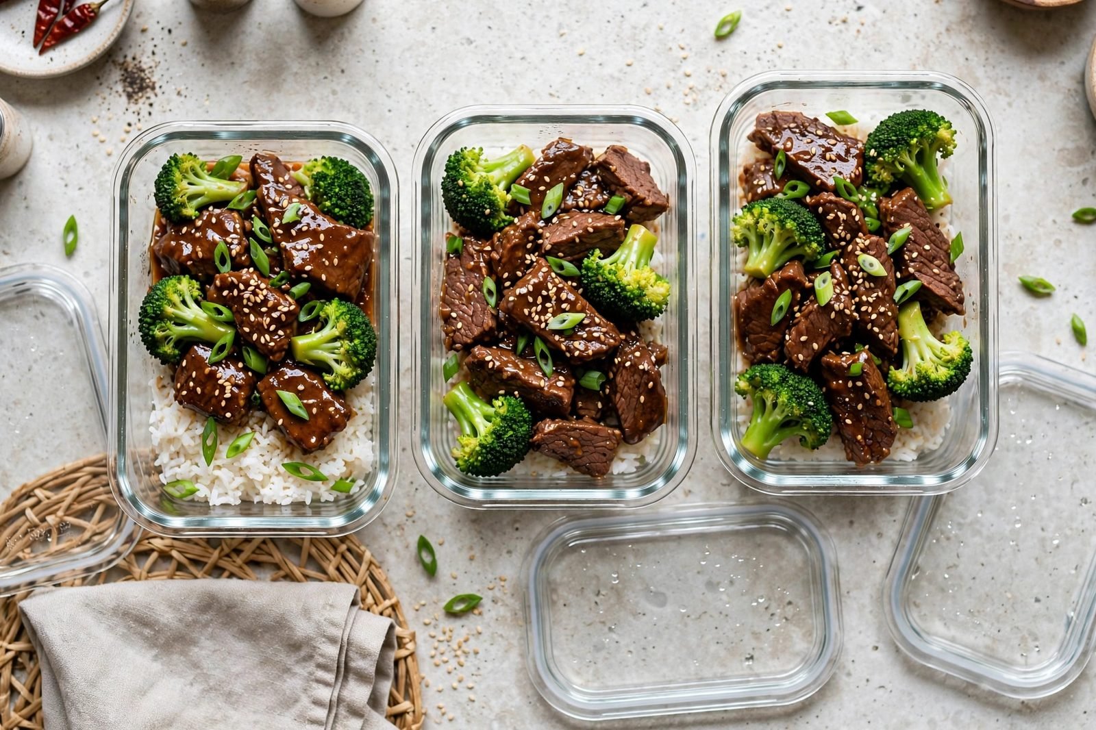 Overhead of meal-prep containers with Mongolian beef, broccoli, and rice. No people, no text.