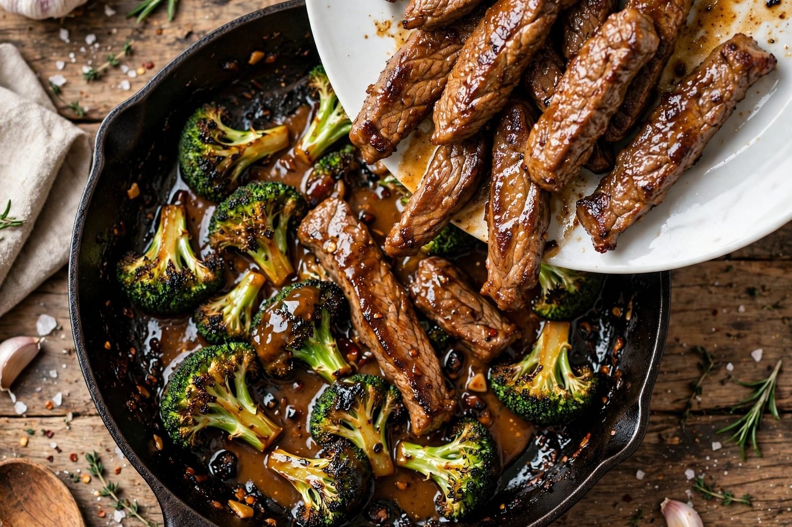 Overhead of seared beef being returned to the skillet with the broccoli. No people, no text.