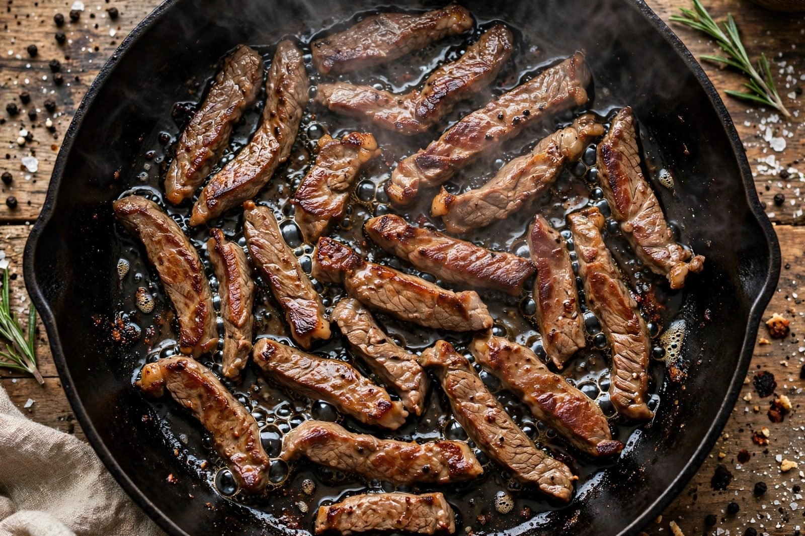 Overhead of beef strips searing in a single layer in a hot skillet. No people, no text.