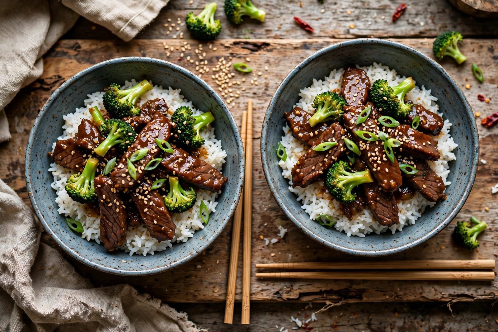 Overhead of served bowls of Mongolian beef and broccoli over jasmine rice. No people, no text.