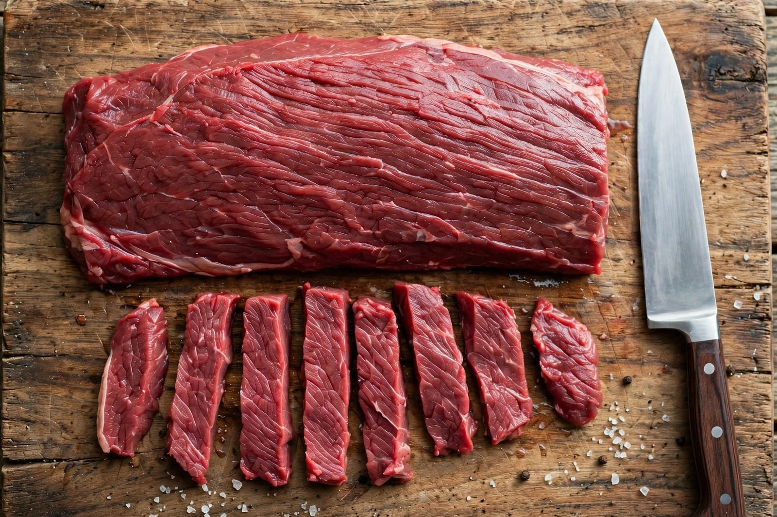Overhead of flank steak being sliced thinly against the grain on a cutting board. No people, no text.