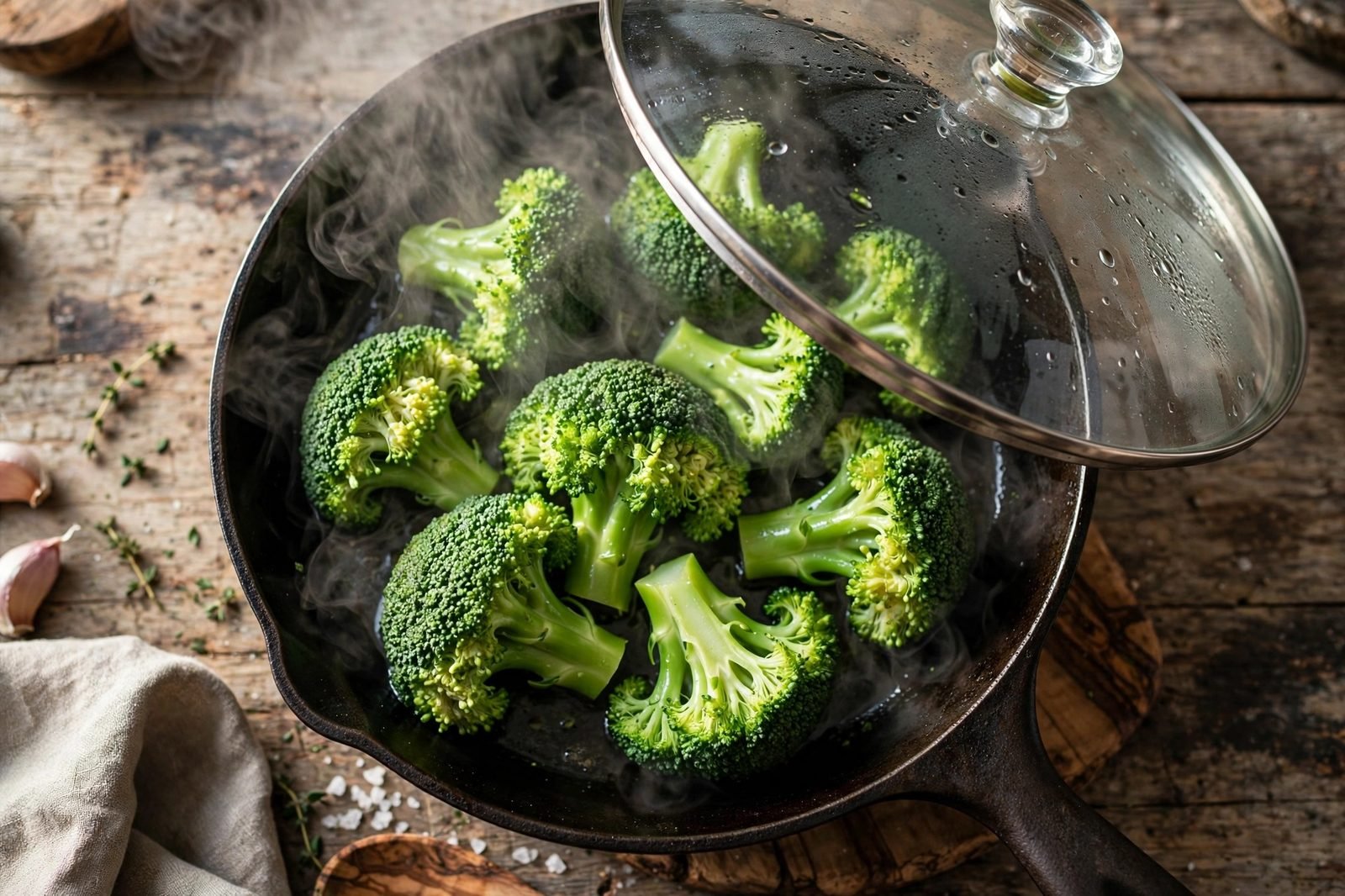 Overhead of broccoli steaming under a lid in the skillet. No people, no text.