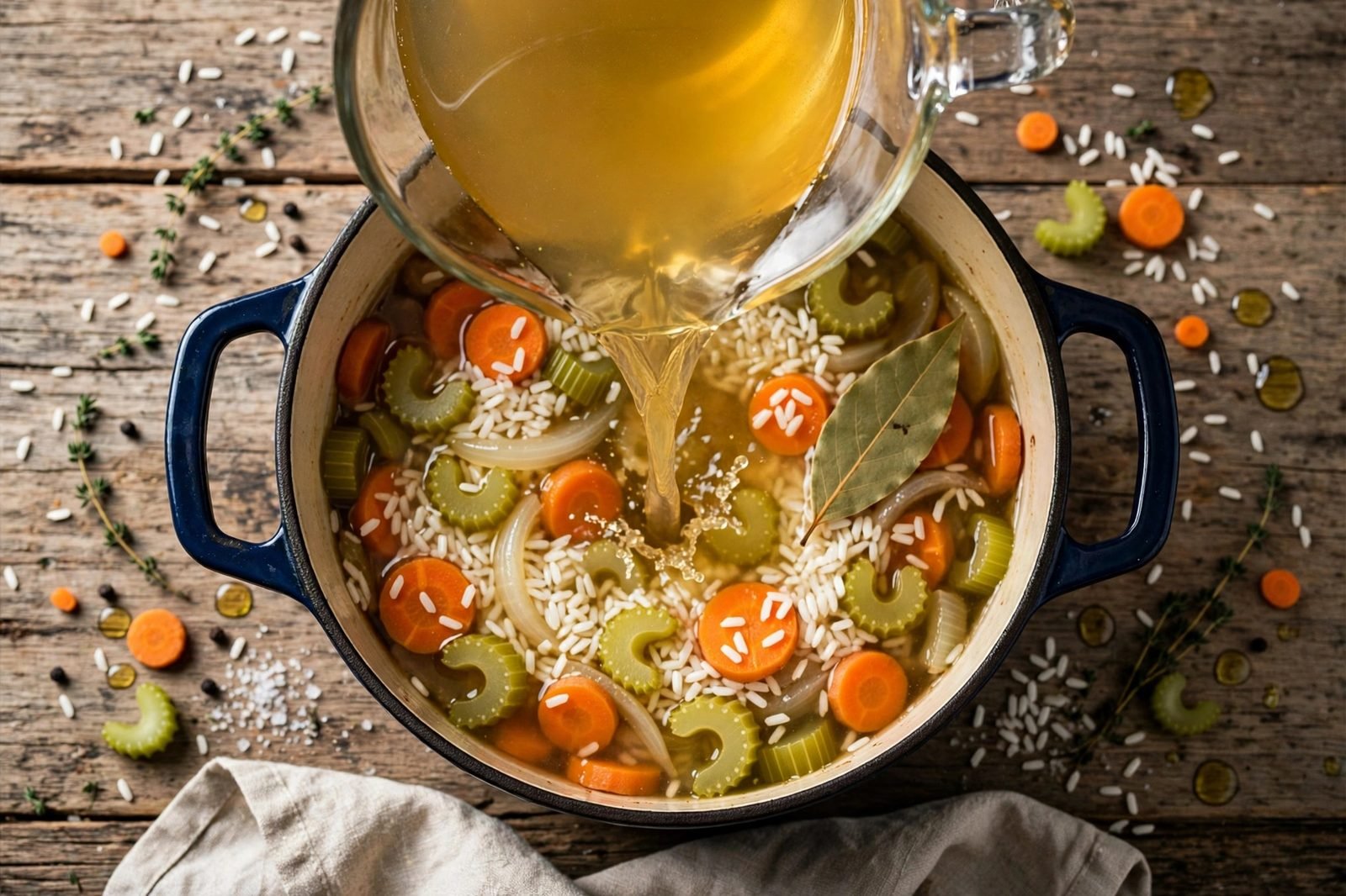 Overhead of chicken broth being poured into the pot with the vegetables and instant rice. No people, no text.