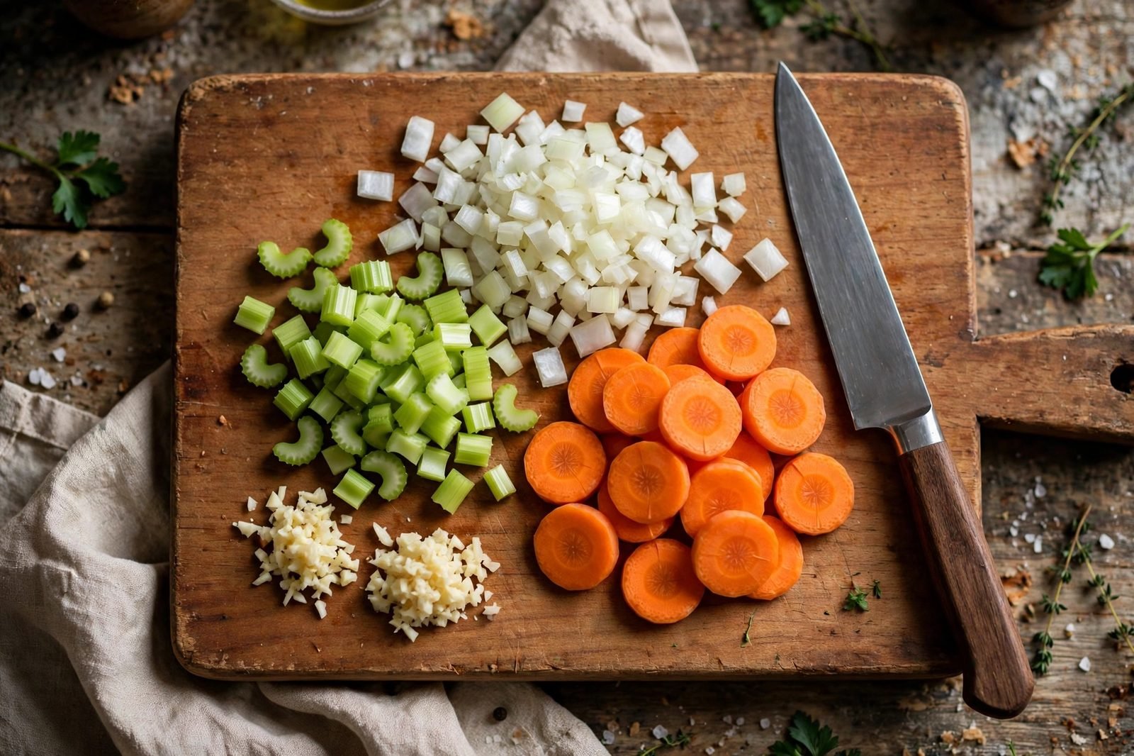 Overhead of diced onion, sliced carrots, and diced celery on a cutting board with a knife. No people visible, no text.