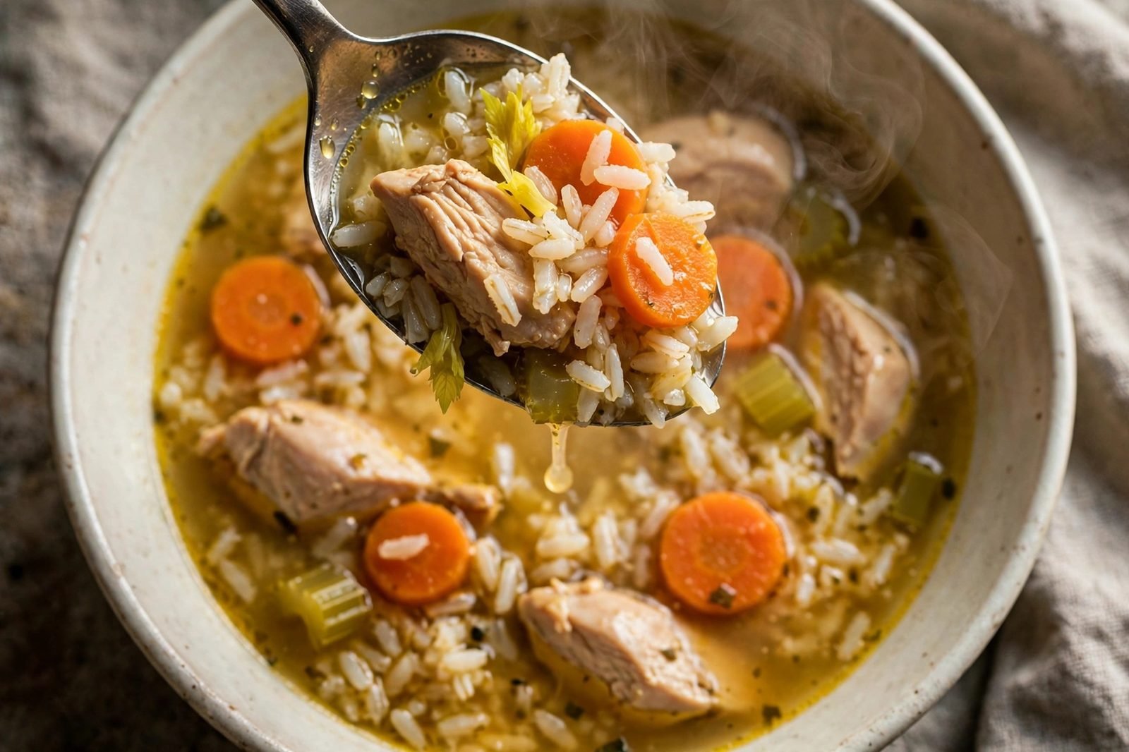 Overhead close-up of a spoonful of soup showing chicken, rice, and carrots. No people, no text.