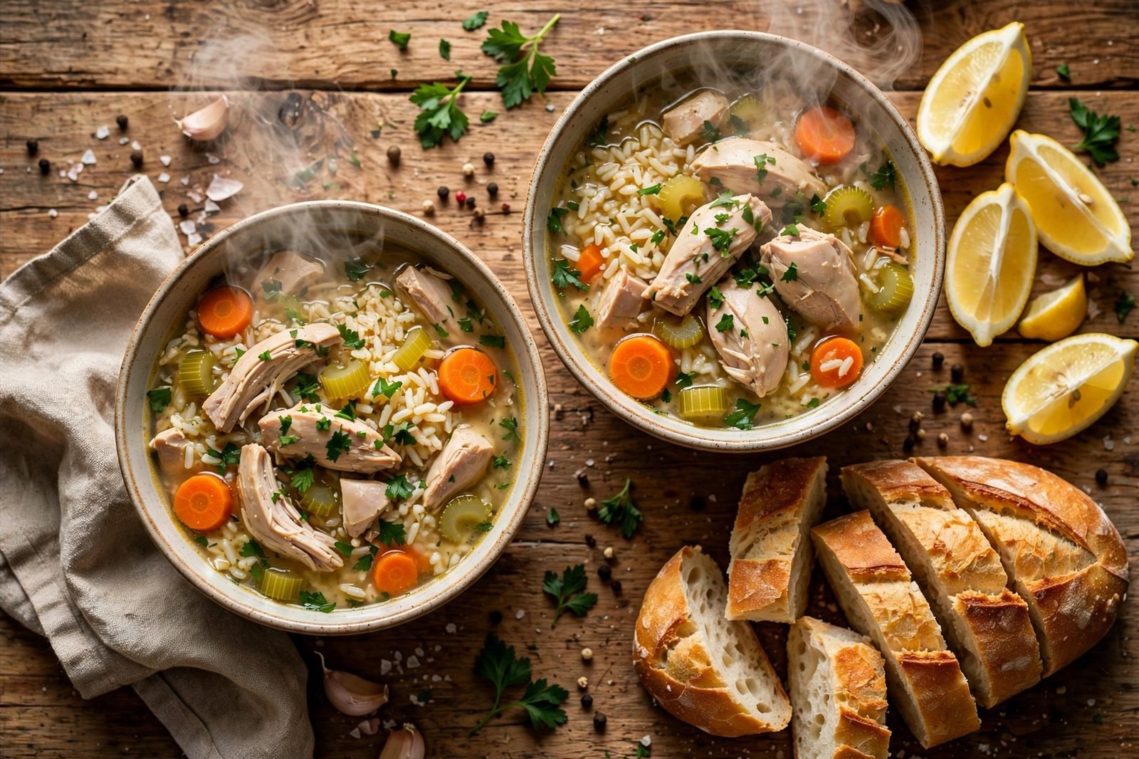 Overhead of steaming bowls of chicken rice soup with carrots, celery, parsley, lemon wedges, and crusty bread nearby. No people, no text.