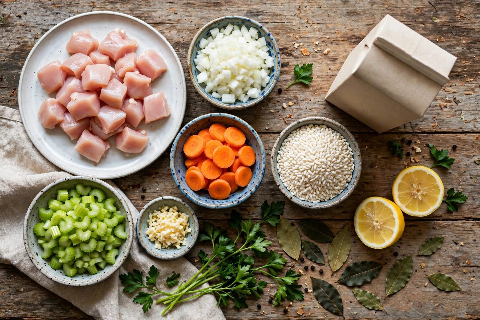 Overhead of mise en place: chicken breast pieces, diced onion, sliced carrots, diced celery, instant rice, chicken broth, lemon, parsley, and a bay leaf on a counter. No people, no text.