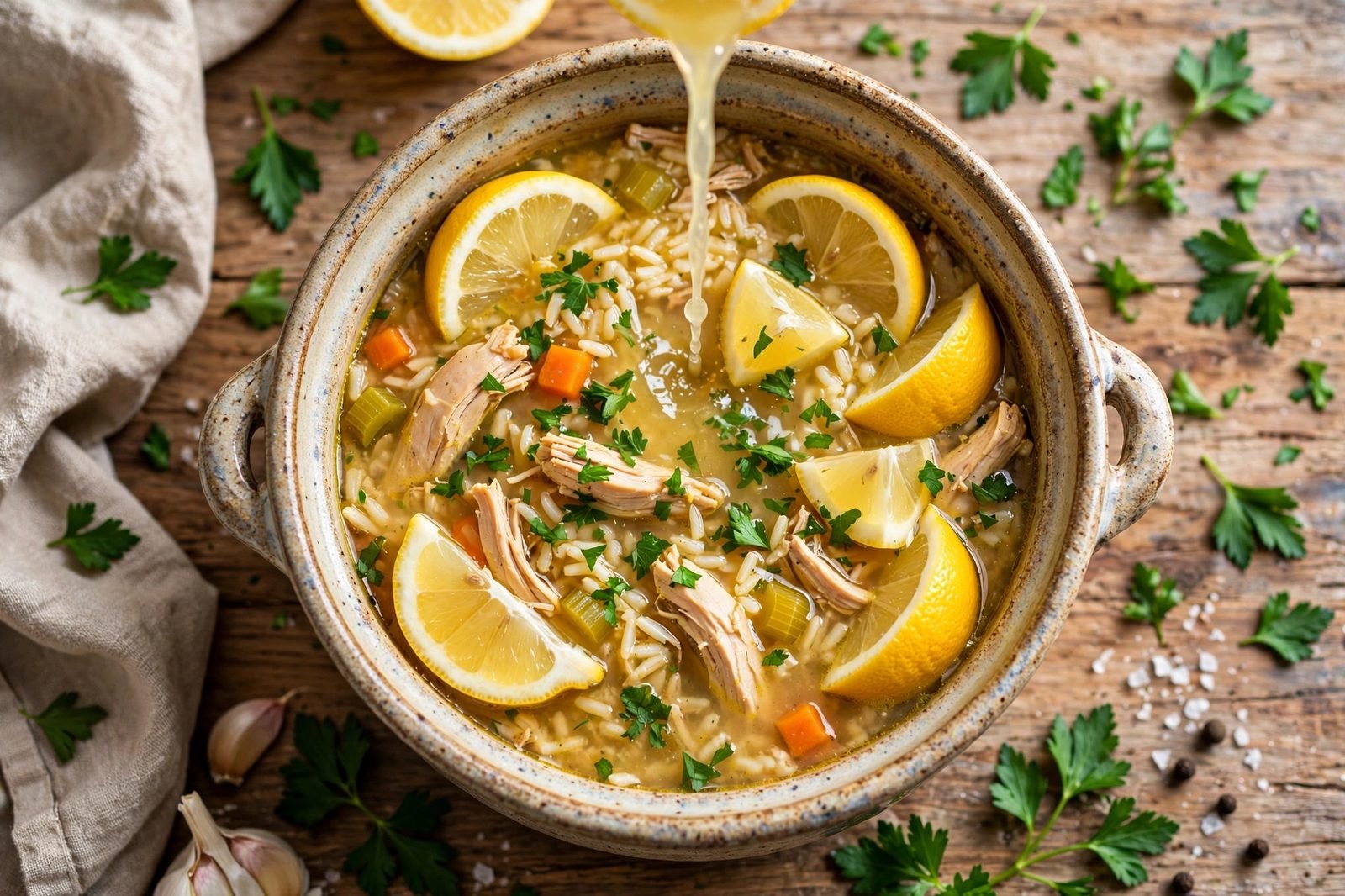 Overhead of lemon juice being squeezed and parsley scattered over the finished soup. No people, no text.