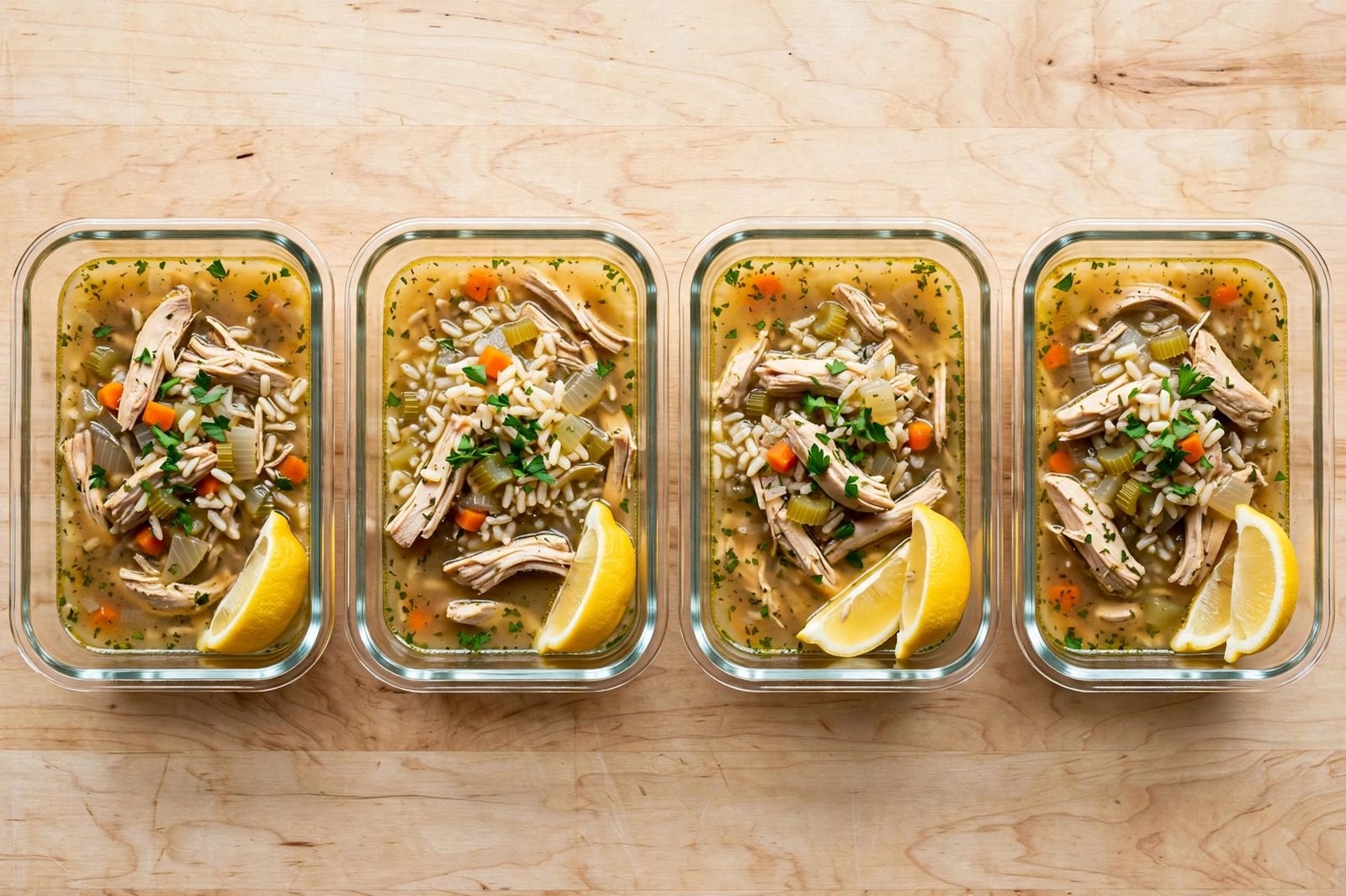 Overhead of glass meal-prep containers portioned with chicken rice soup. No people, no text.