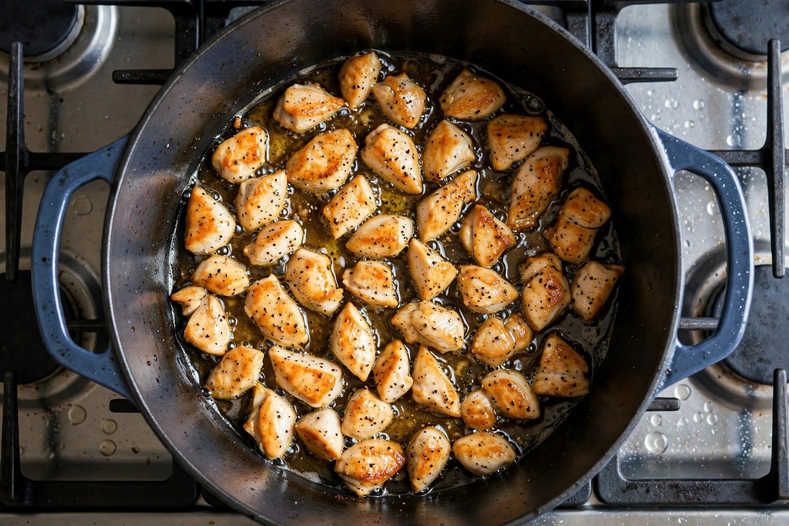 Overhead of golden chicken pieces searing in a Dutch oven. No people, no text.