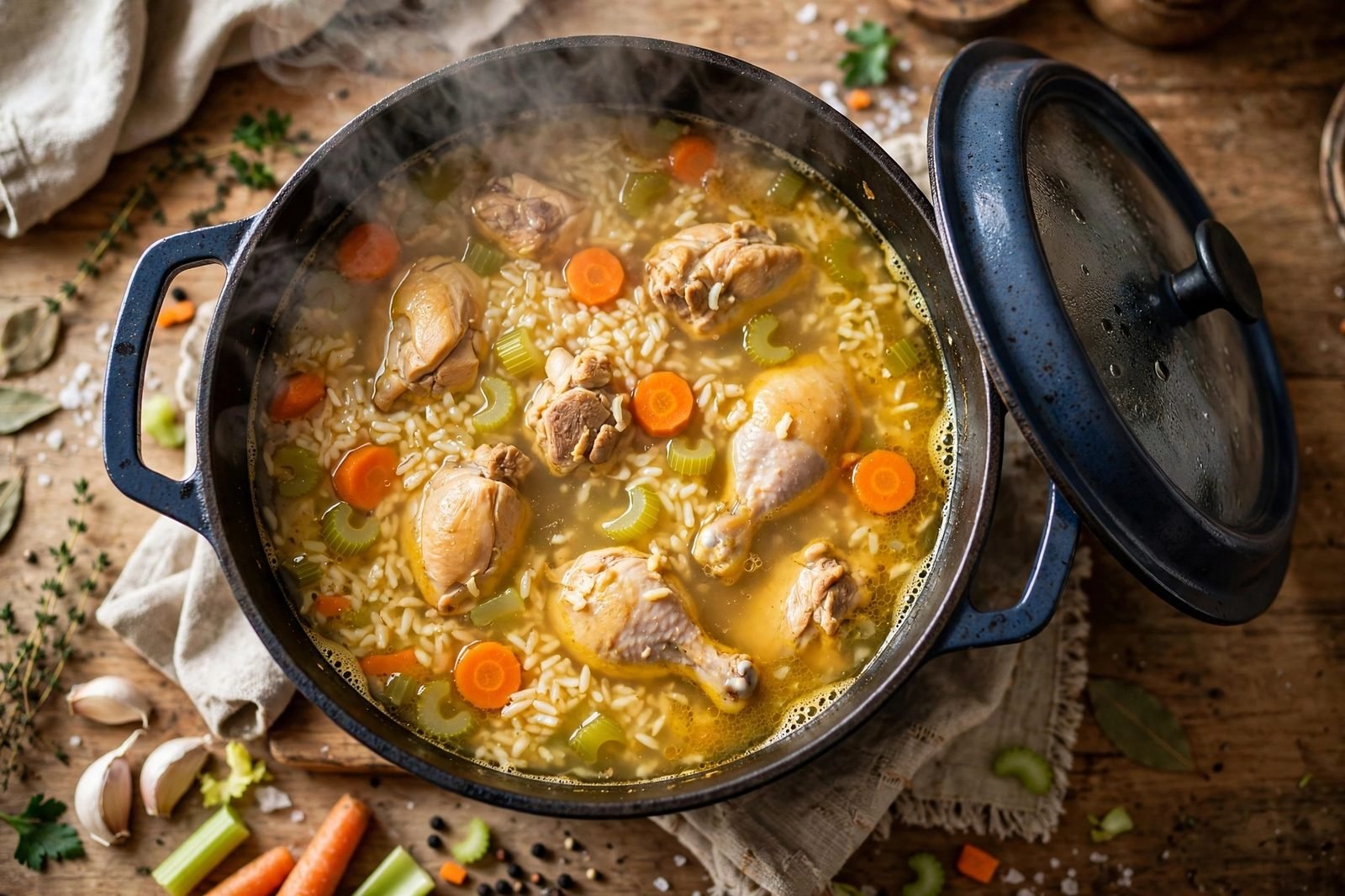 Overhead of the soup simmering in the pot with steam rising. No people, no text.