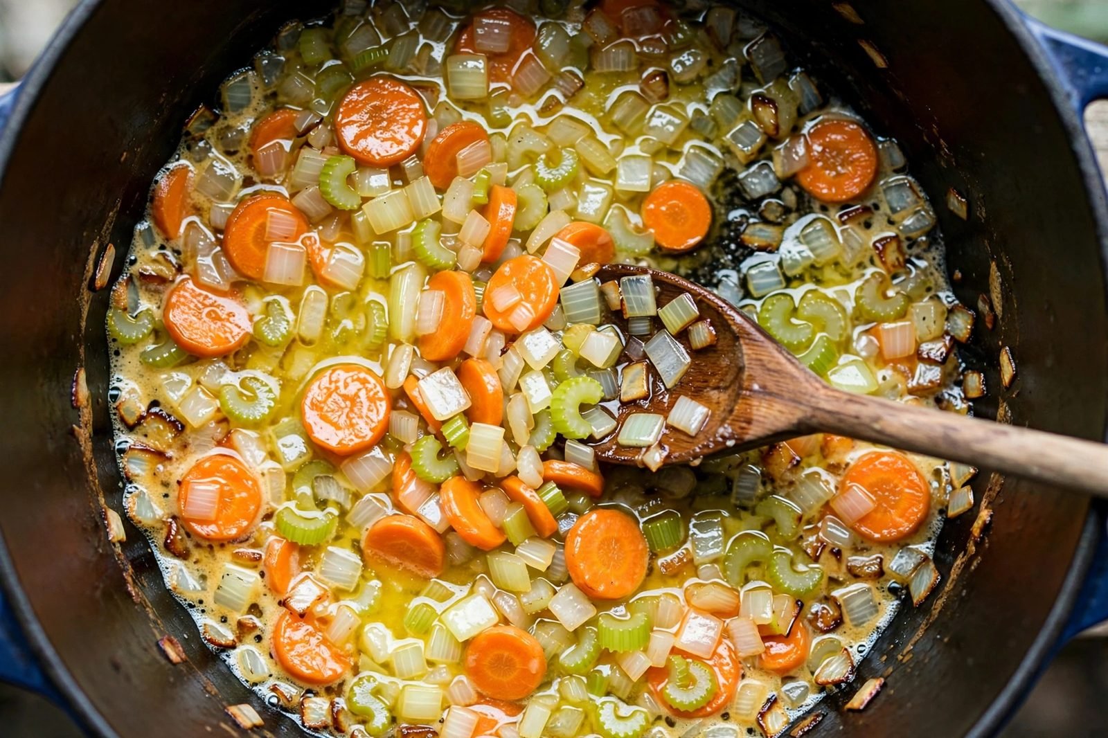 Overhead of onion, carrots, and celery softening in the pot. No people, no text.