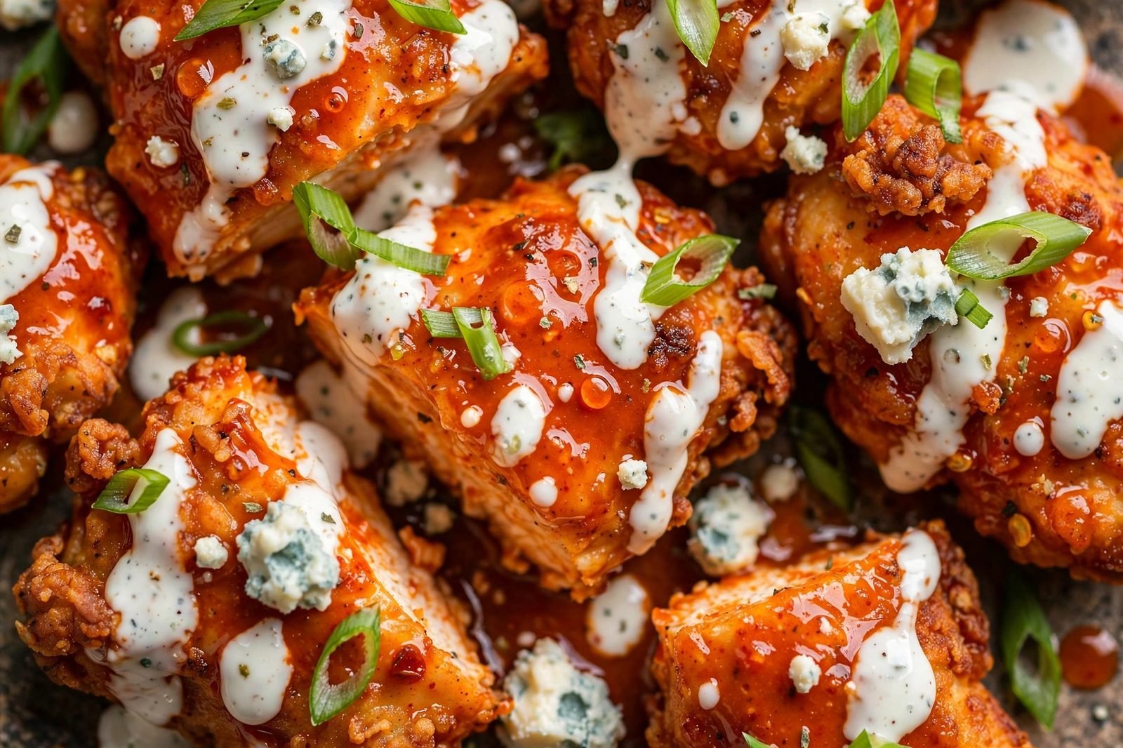 Overhead extreme close-up of saucy buffalo chicken pieces with blue cheese crumbles and green onions. No people, no text.