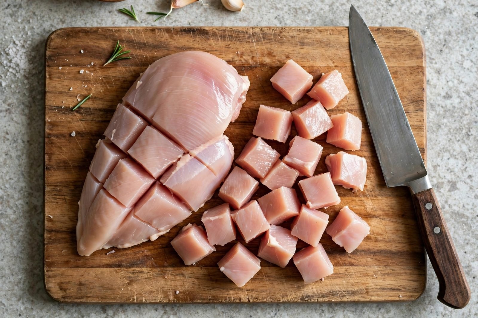 Overhead of chicken breasts being cubed on a cutting board. No people, no text.