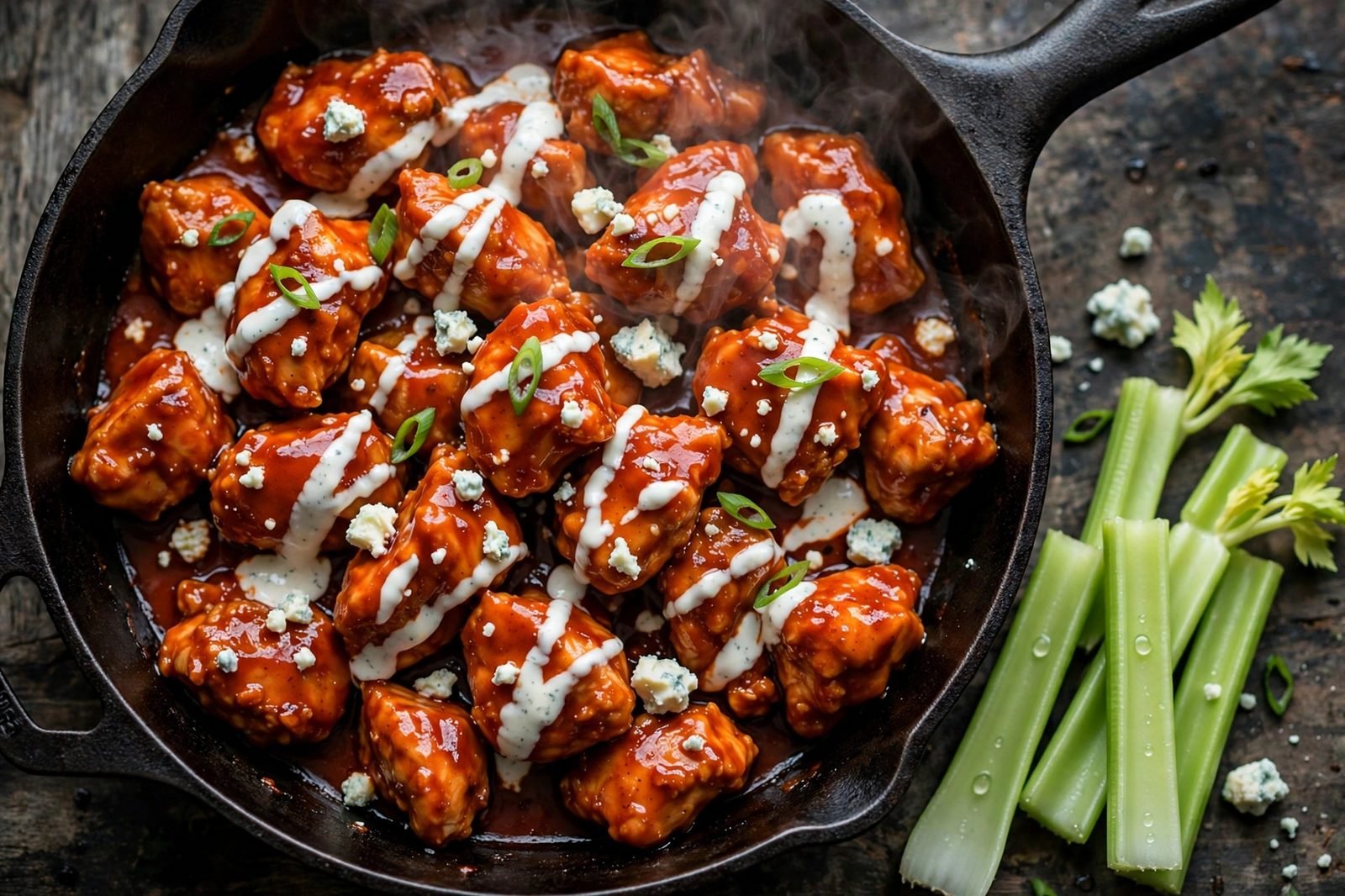 Overhead of the finished buffalo chicken skillet: glossy saucy chicken with ranch drizzle, blue cheese crumbles, and green onions. No people, no text.