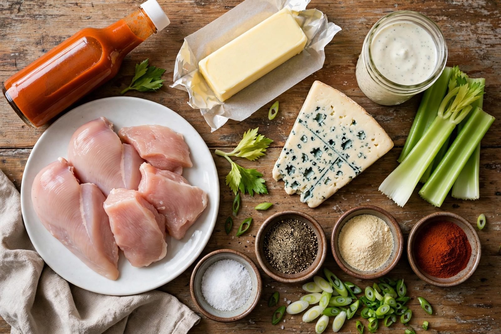 Overhead of mise en place: raw chicken pieces, seasonings, buffalo hot sauce, butter, ranch dressing, blue cheese, celery, and green onions on a counter. No people, no text.