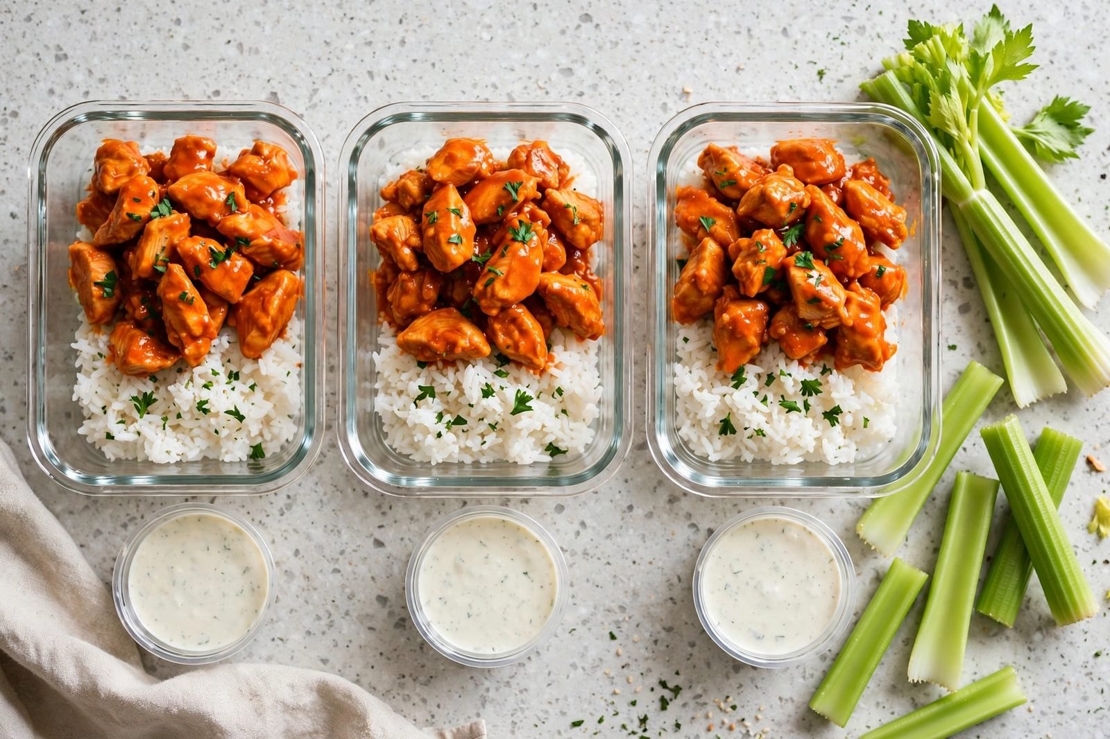 Overhead of meal-prep containers with buffalo chicken over rice. No people, no text.