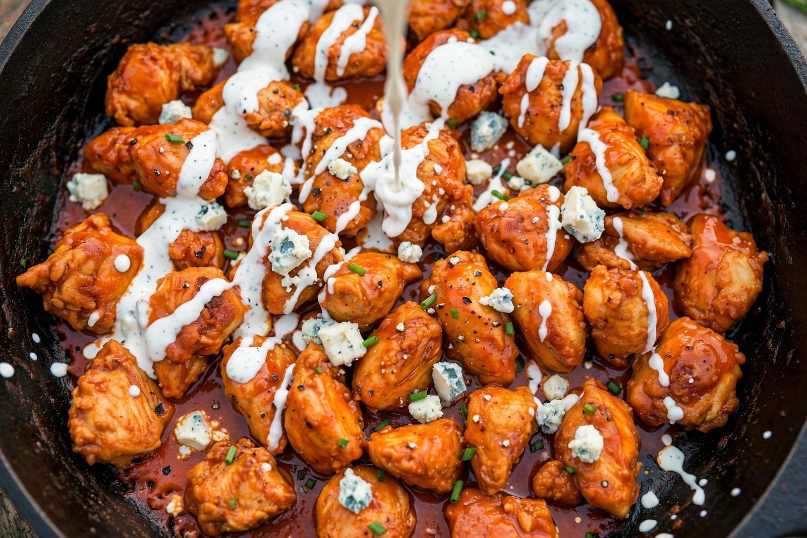 Overhead close-up of ranch dressing being drizzled over the buffalo chicken. No people, no text.