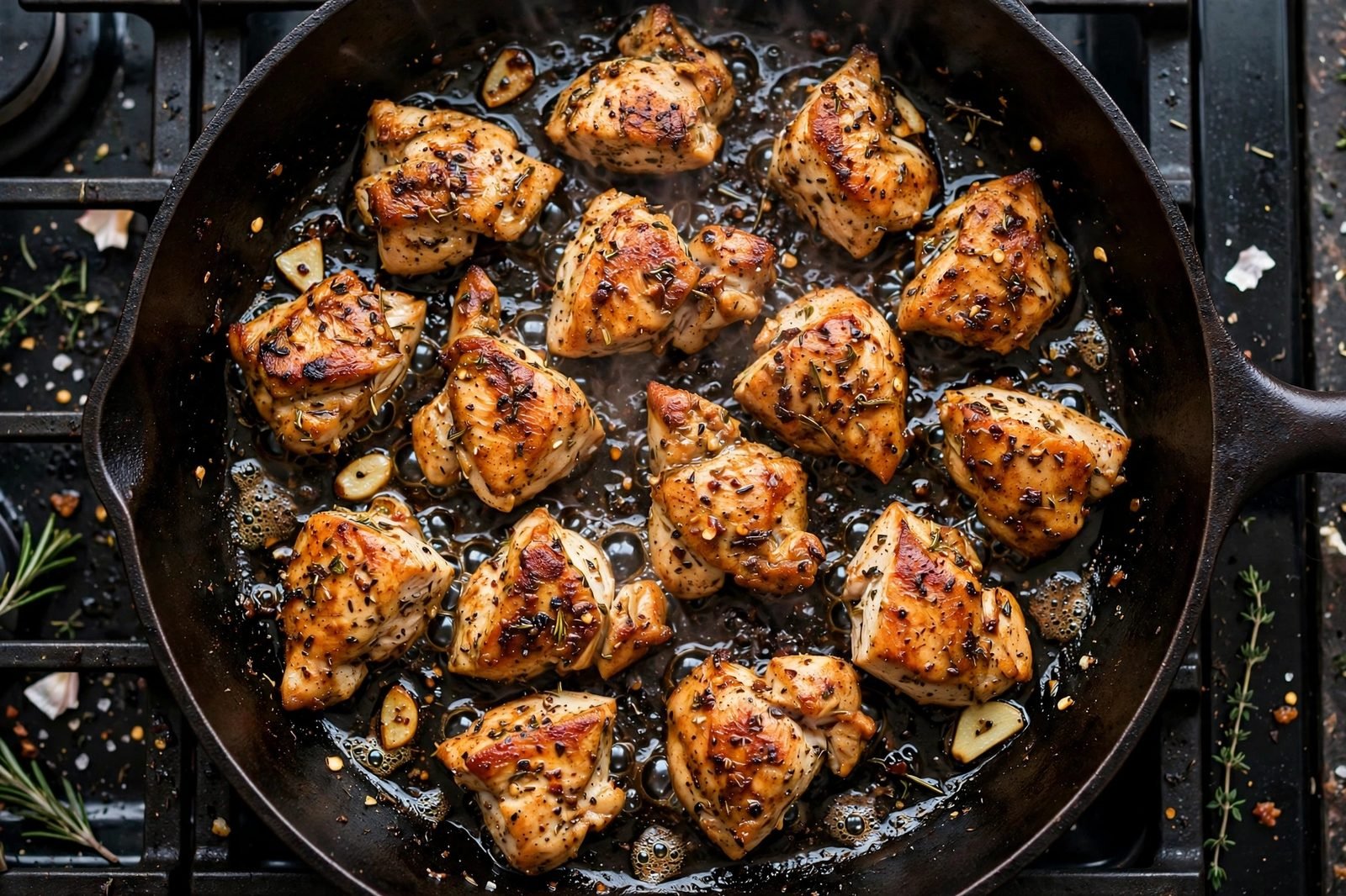 Overhead of chicken pieces searing golden in a single layer in the skillet. No people, no text.