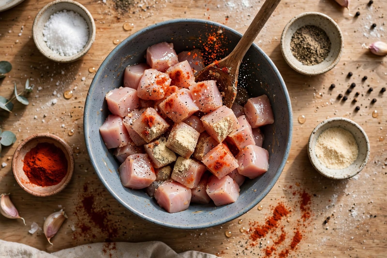 Overhead of cubed chicken being tossed with salt, pepper, garlic powder, and smoked paprika in a bowl. No people, no text.