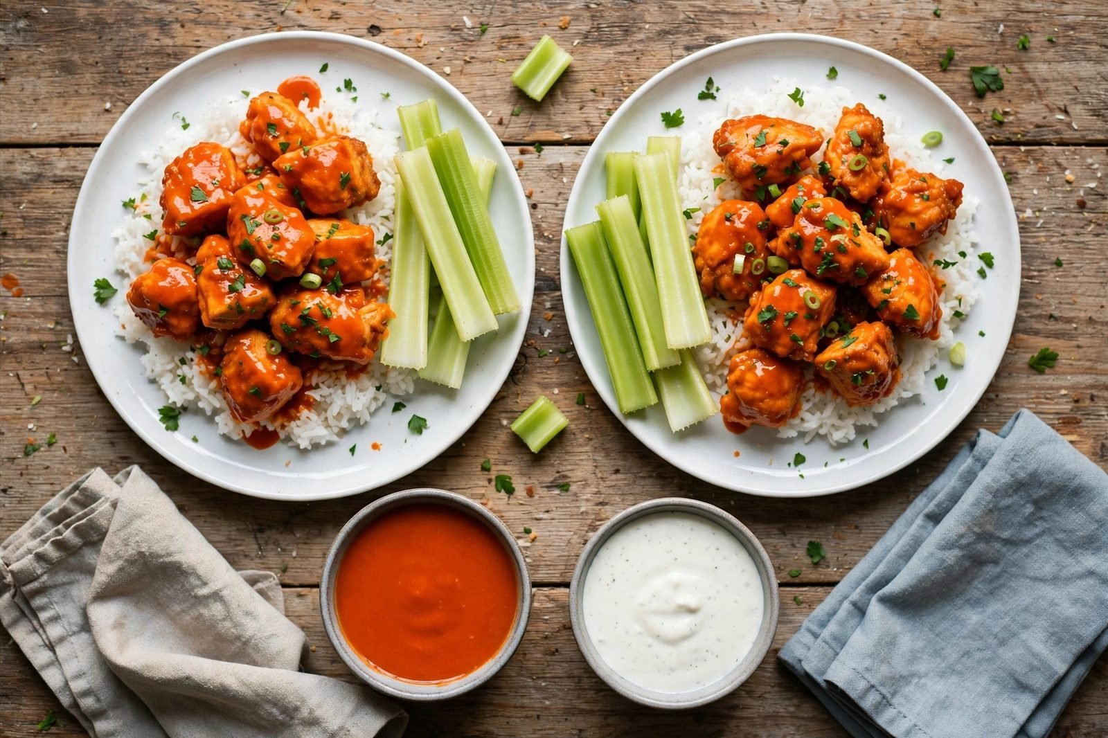 Overhead of served plates of buffalo chicken with celery sticks and extra sauce. No people, no text.