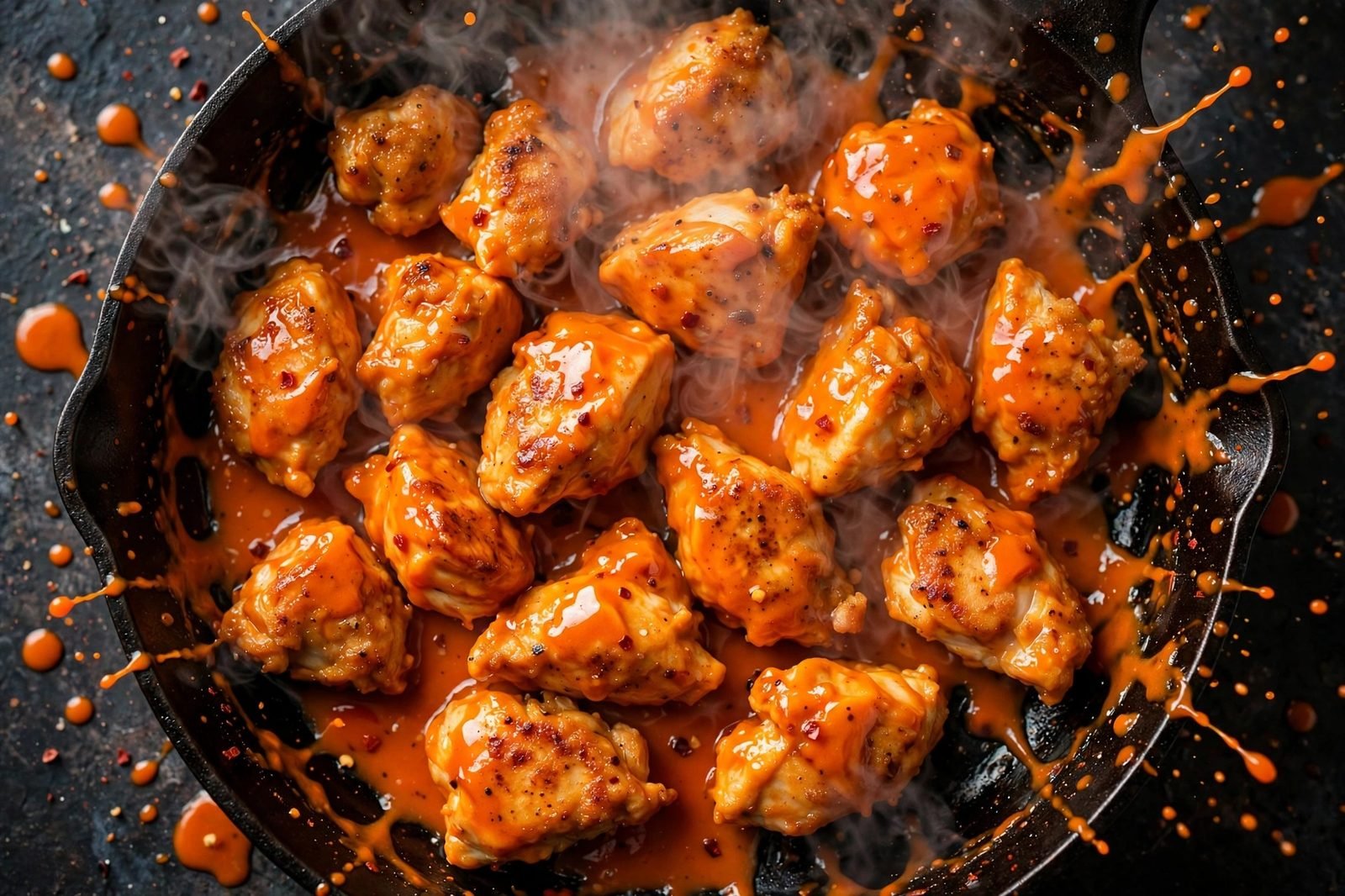 Overhead of the chicken being tossed in the glossy buffalo sauce. No people, no text.