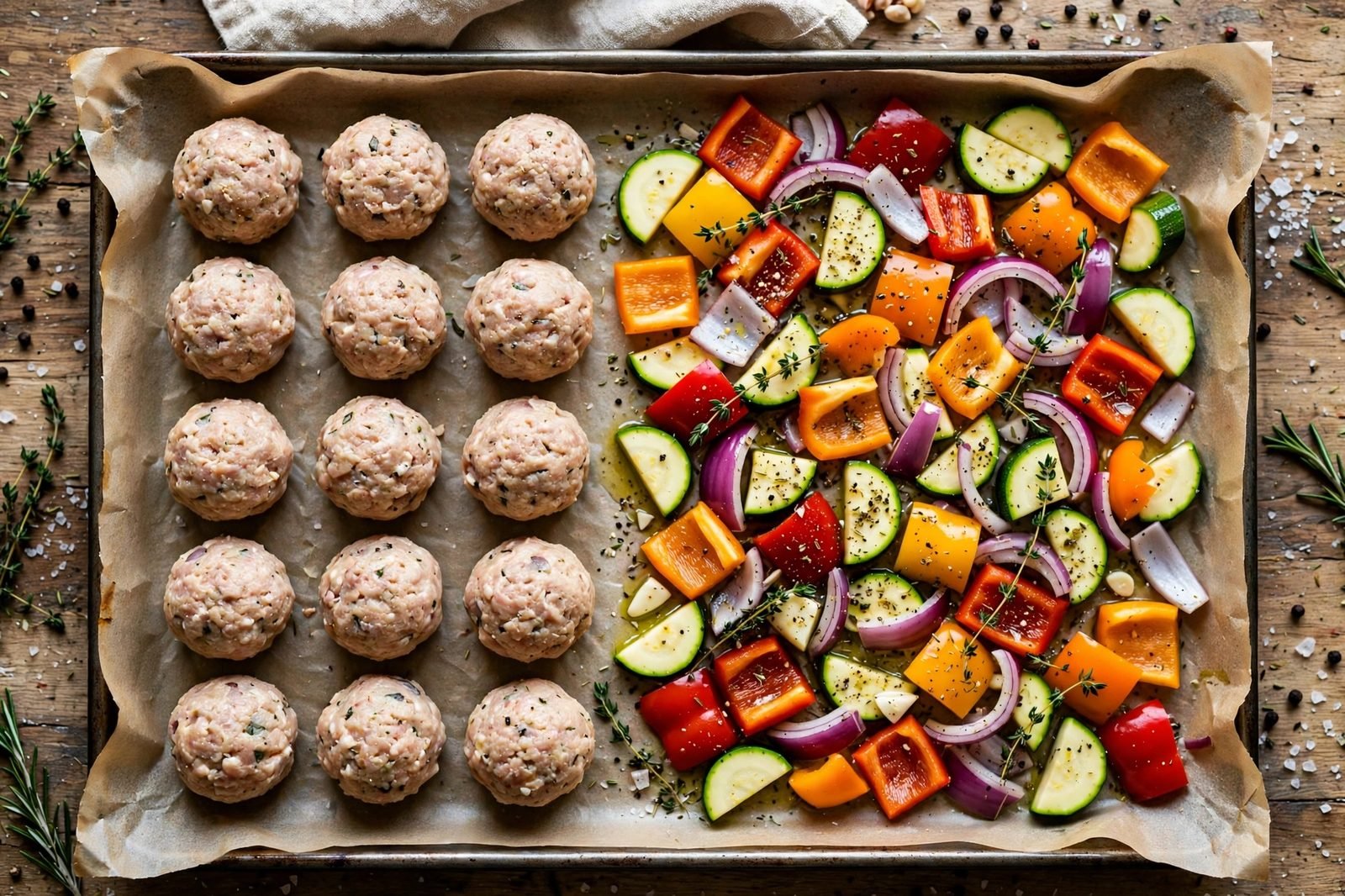 Overhead of meatballs and vegetables arranged in a single layer on the sheet pan. No people, no text.