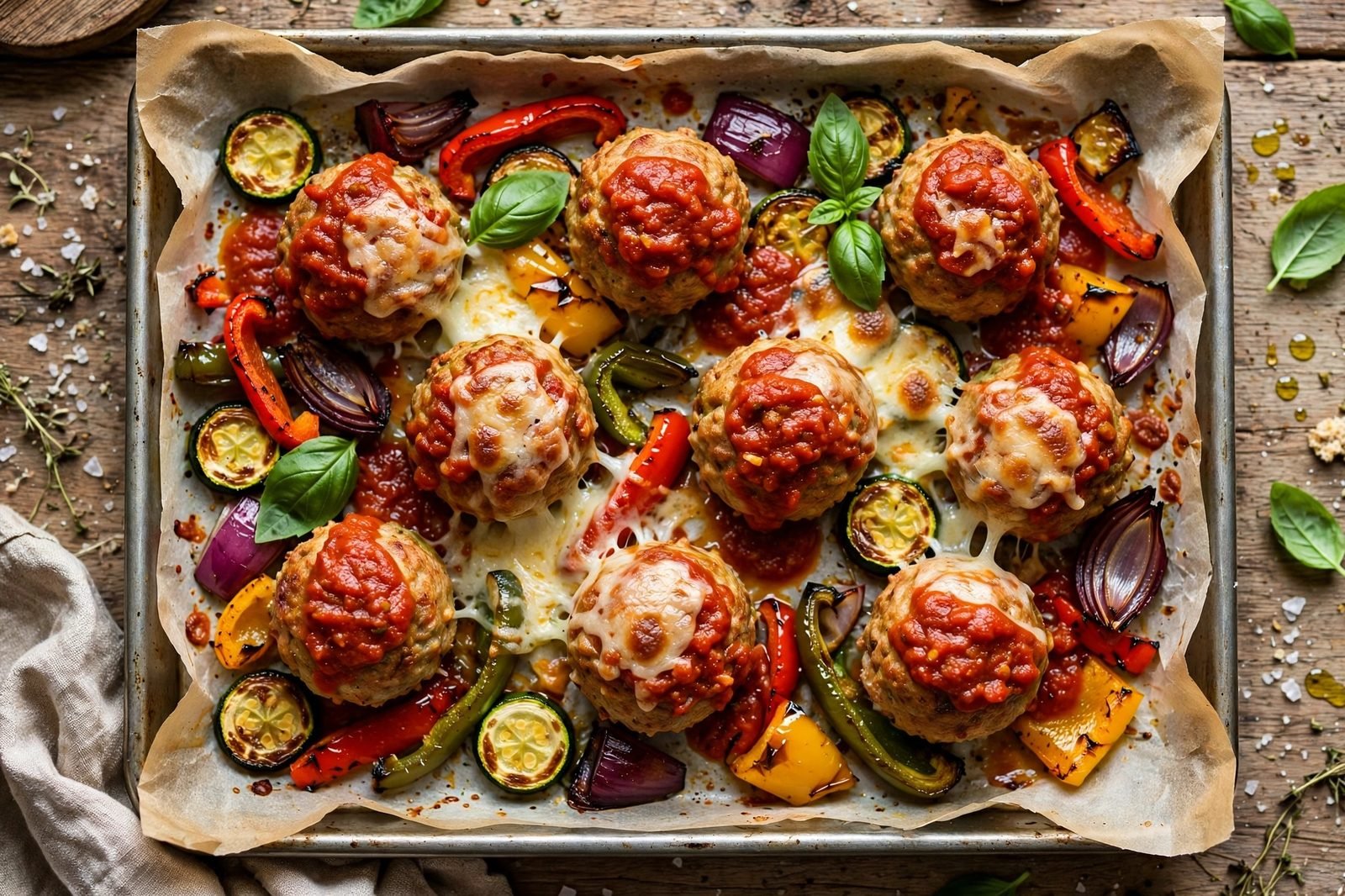 Overhead of golden turkey meatballs with marinara and melted mozzarella, roasted peppers, zucchini, and red onion on a sheet pan with basil. No people, no text.