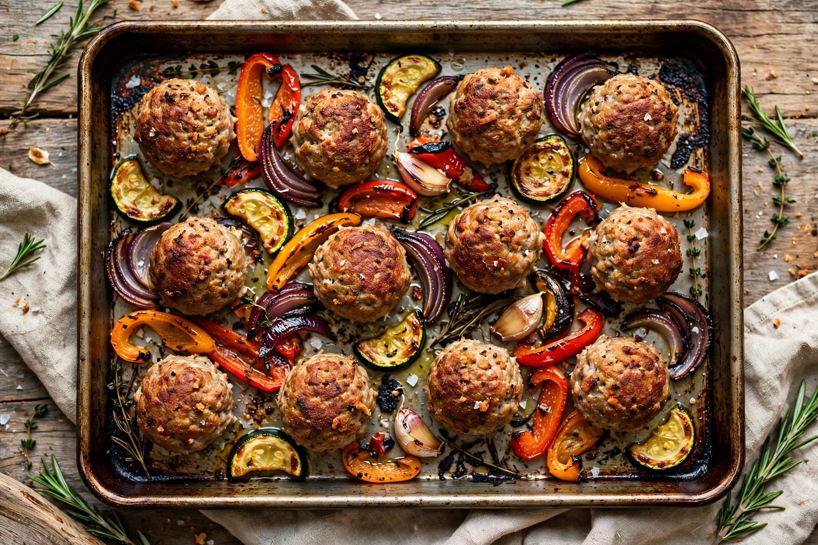 Overhead of the finished roast: golden meatballs and charred vegetables on the sheet pan. No people, no text.