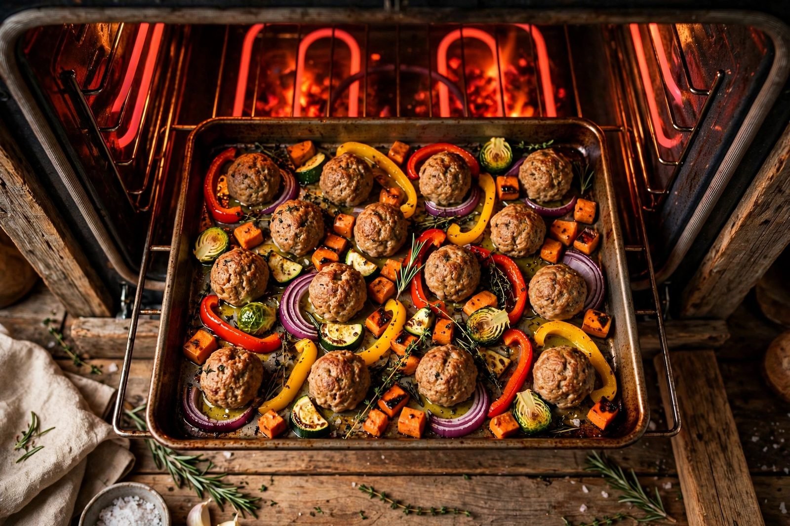 Overhead of the sheet pan going into the hot oven. No people, no text.