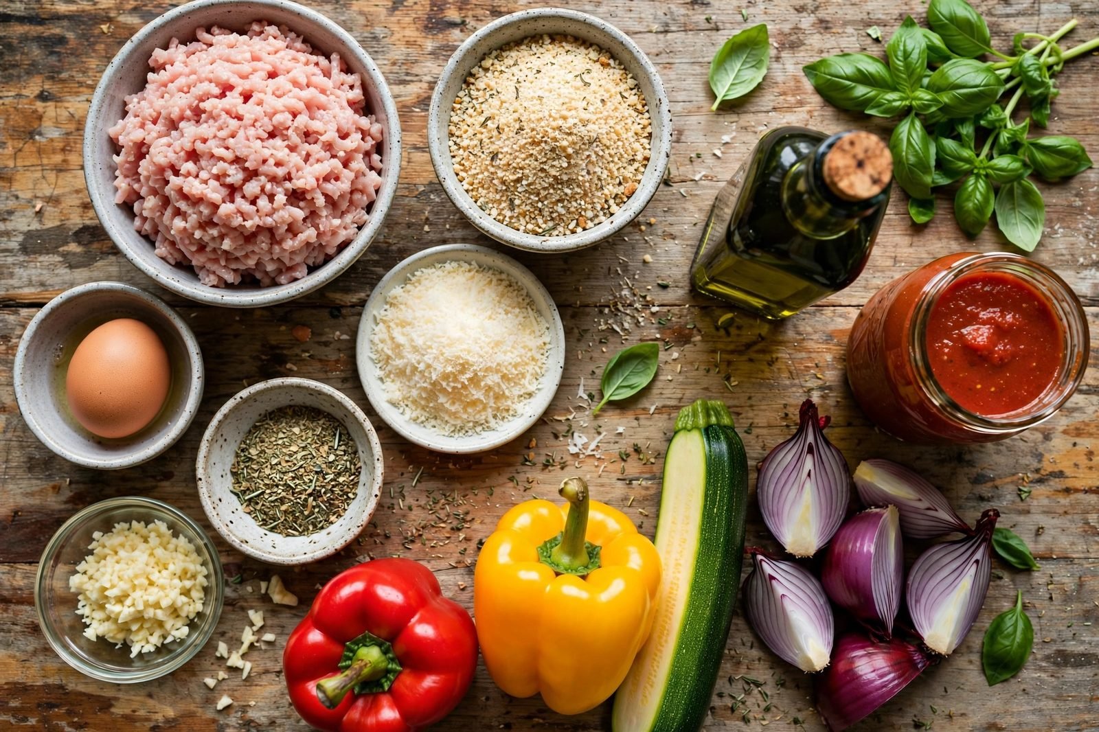 Overhead of mise en place: ground turkey, breadcrumbs, Parmesan, egg, garlic, bell peppers, zucchini, red onion, marinara, and mozzarella on a counter. No people, no text.