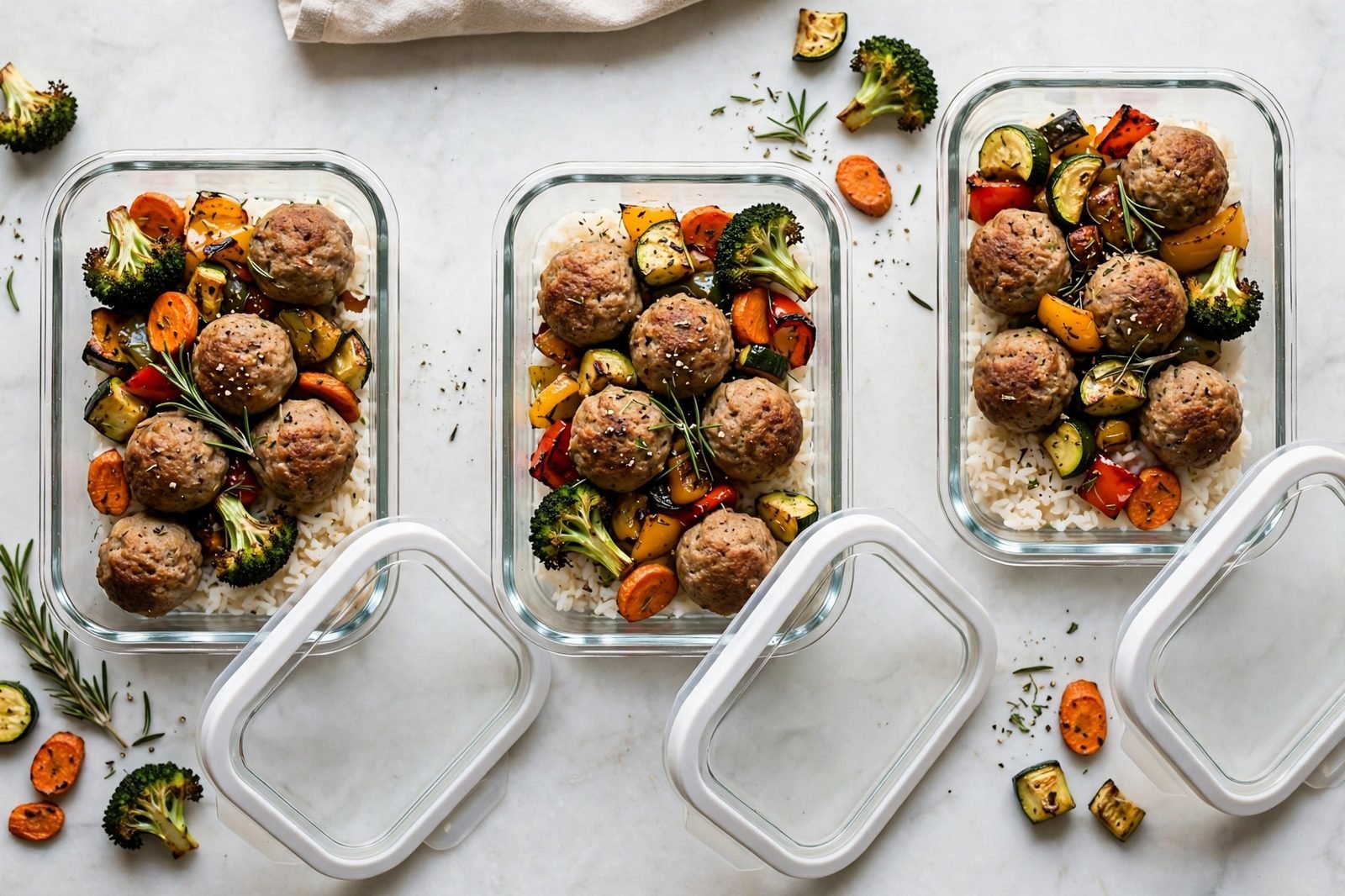 Overhead of meal-prep containers with turkey meatballs and vegetables. No people, no text.