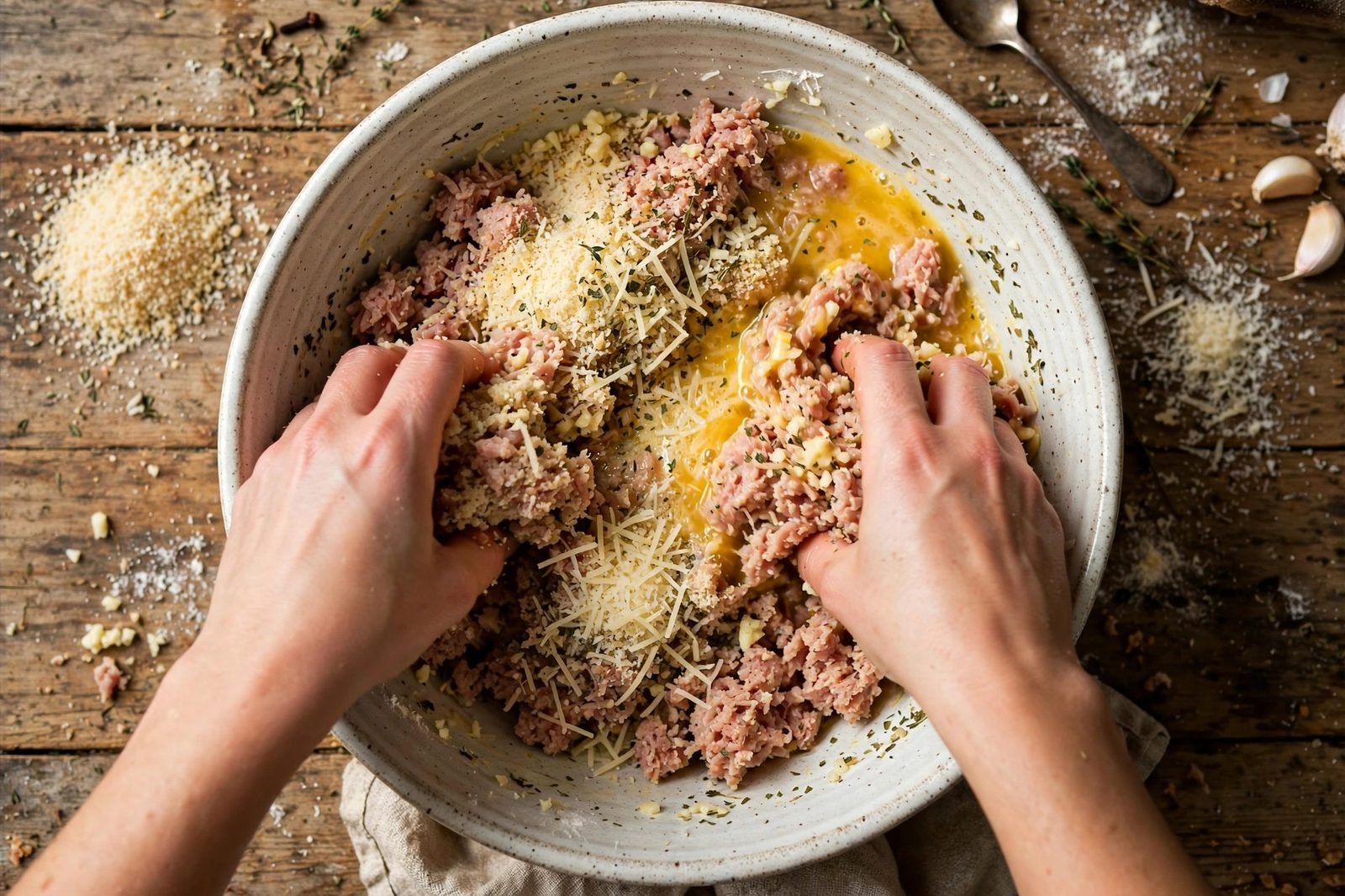 Overhead of the turkey meatball mixture being combined in a large bowl. No people, no text.