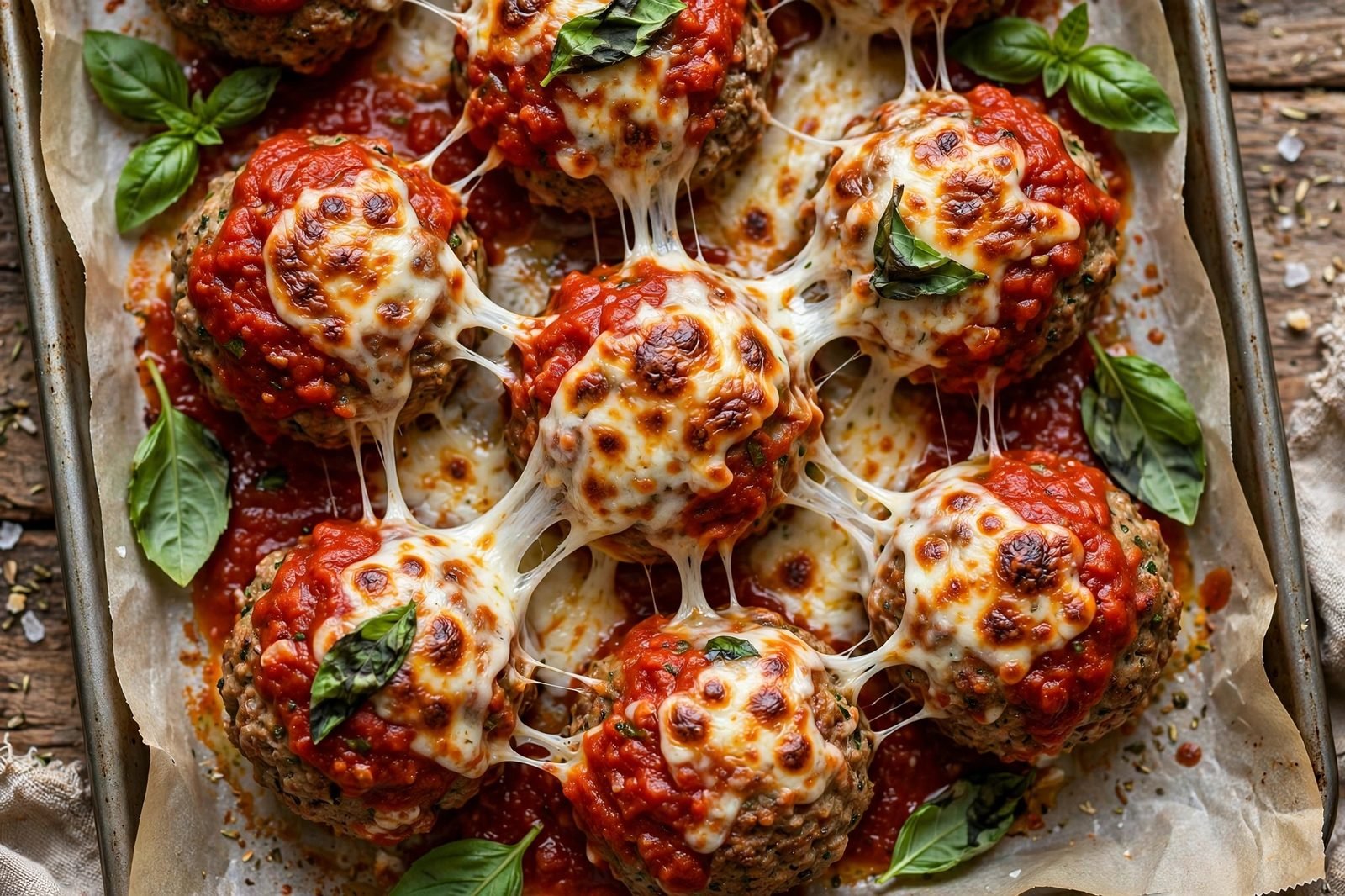 Overhead close-up of melted mozzarella over the meatballs after broiling. No people, no text.