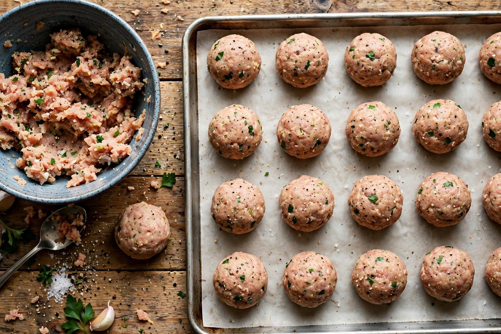 Overhead of meatballs being rolled on a cutting board. No people, no text.