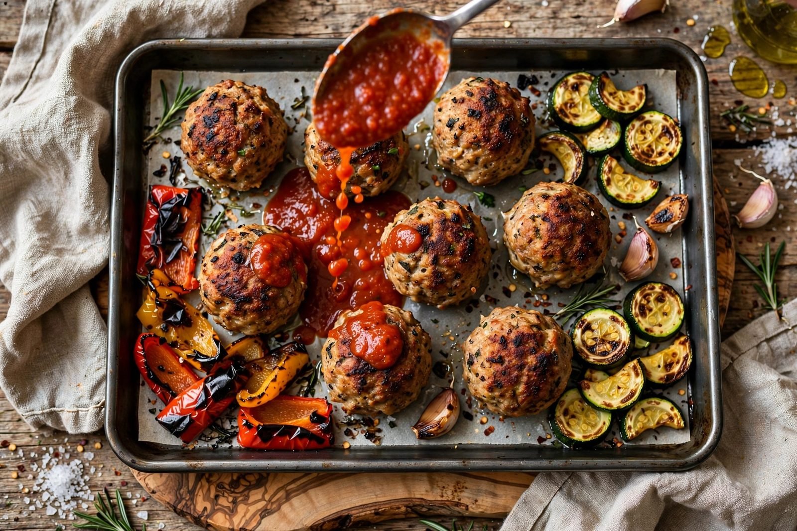 Overhead of marinara being spooned over the roasted meatballs. No people, no text.