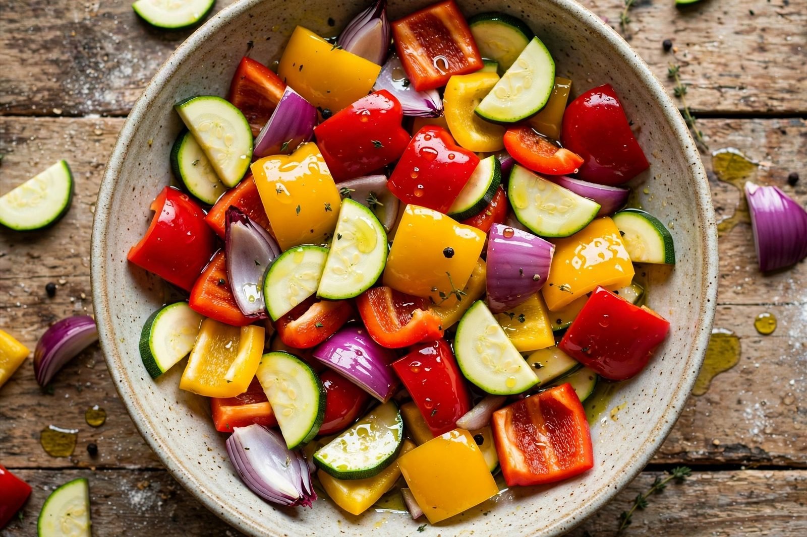 Overhead of bell peppers, zucchini, and red onion being tossed with olive oil. No people, no text.