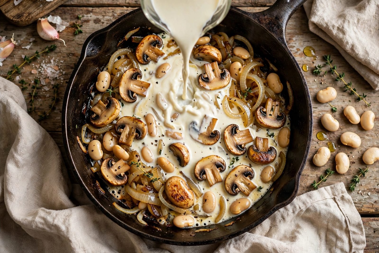 Overhead of butter beans, vegetable broth, and cream being added to the skillet. No people, no text.