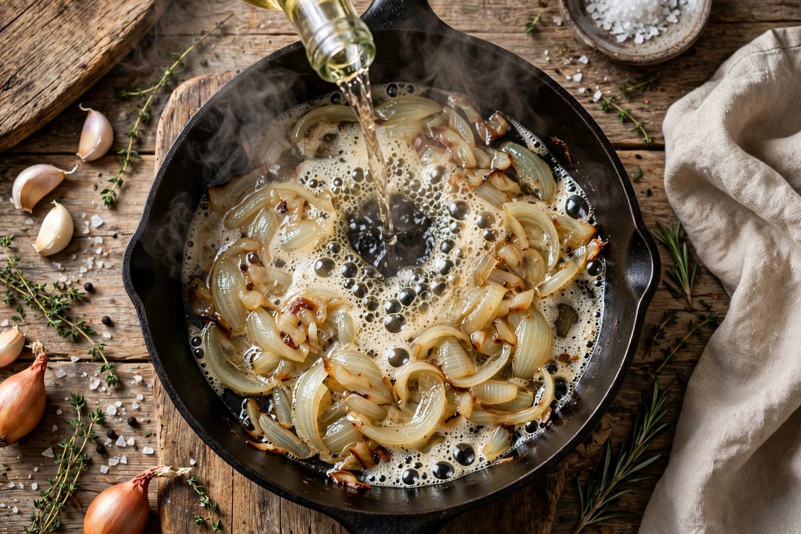 Overhead of white wine being poured into the skillet to deglaze the browned bits. No people, no text.